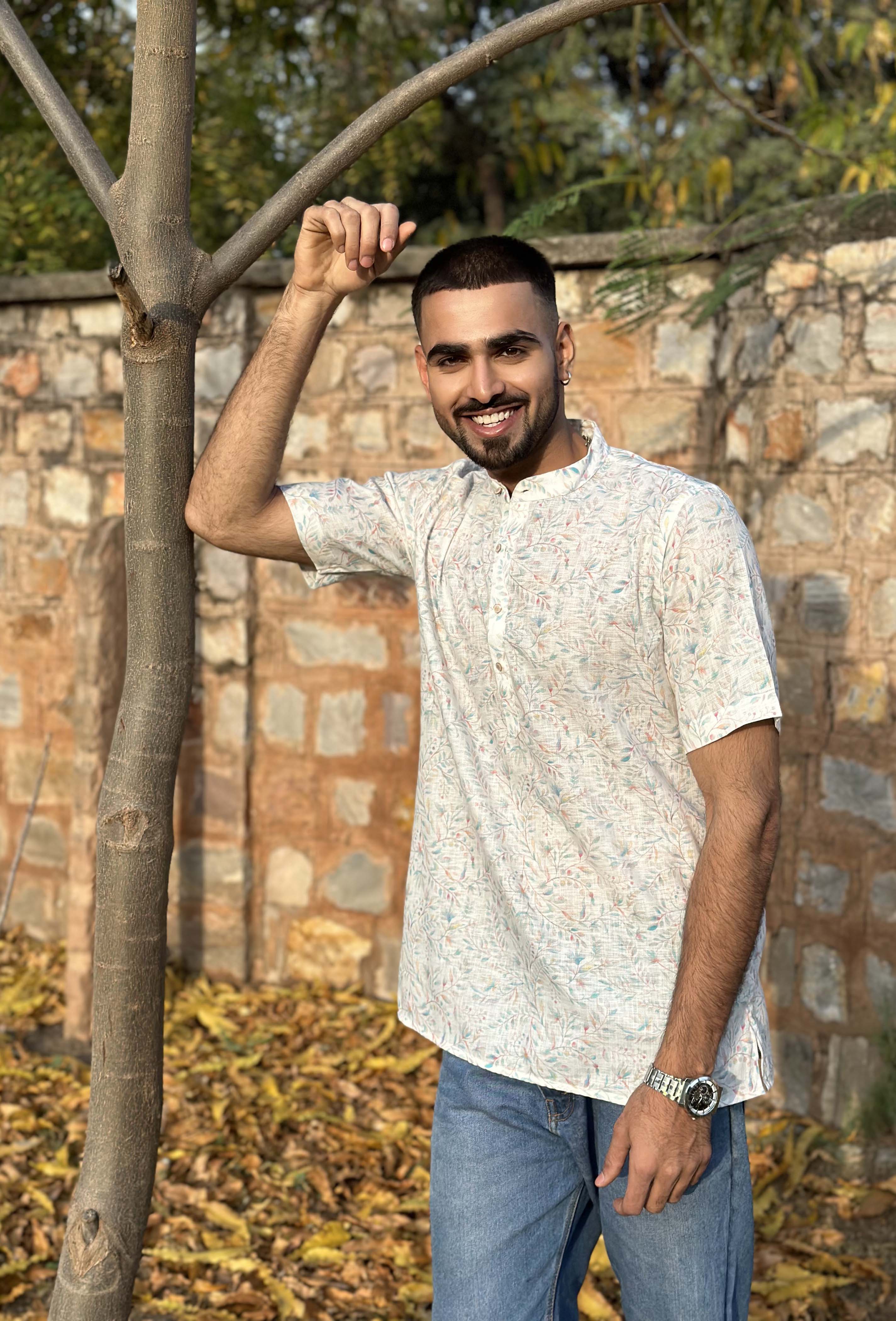 White Floral Printed Short Kurta