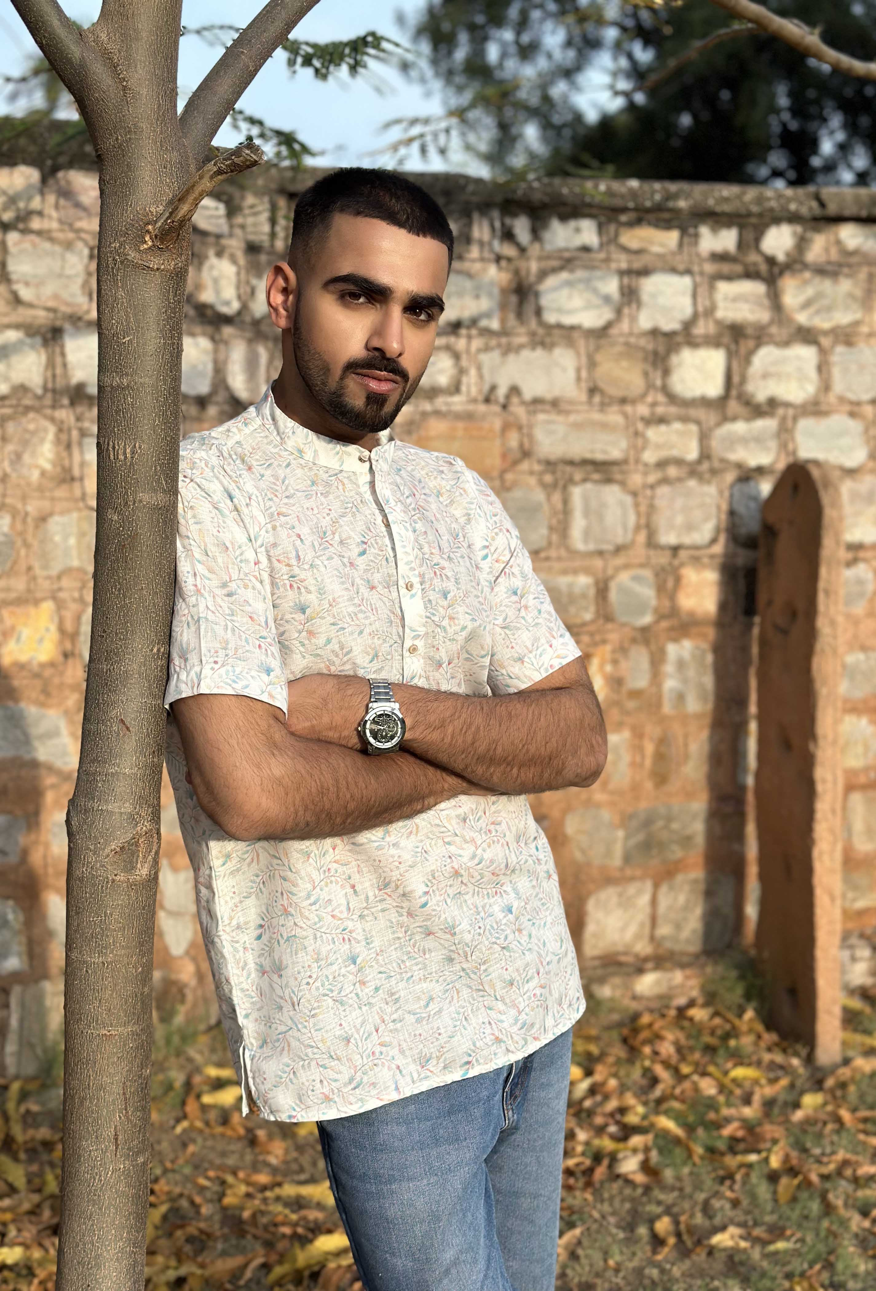 White Floral Printed Short Kurta