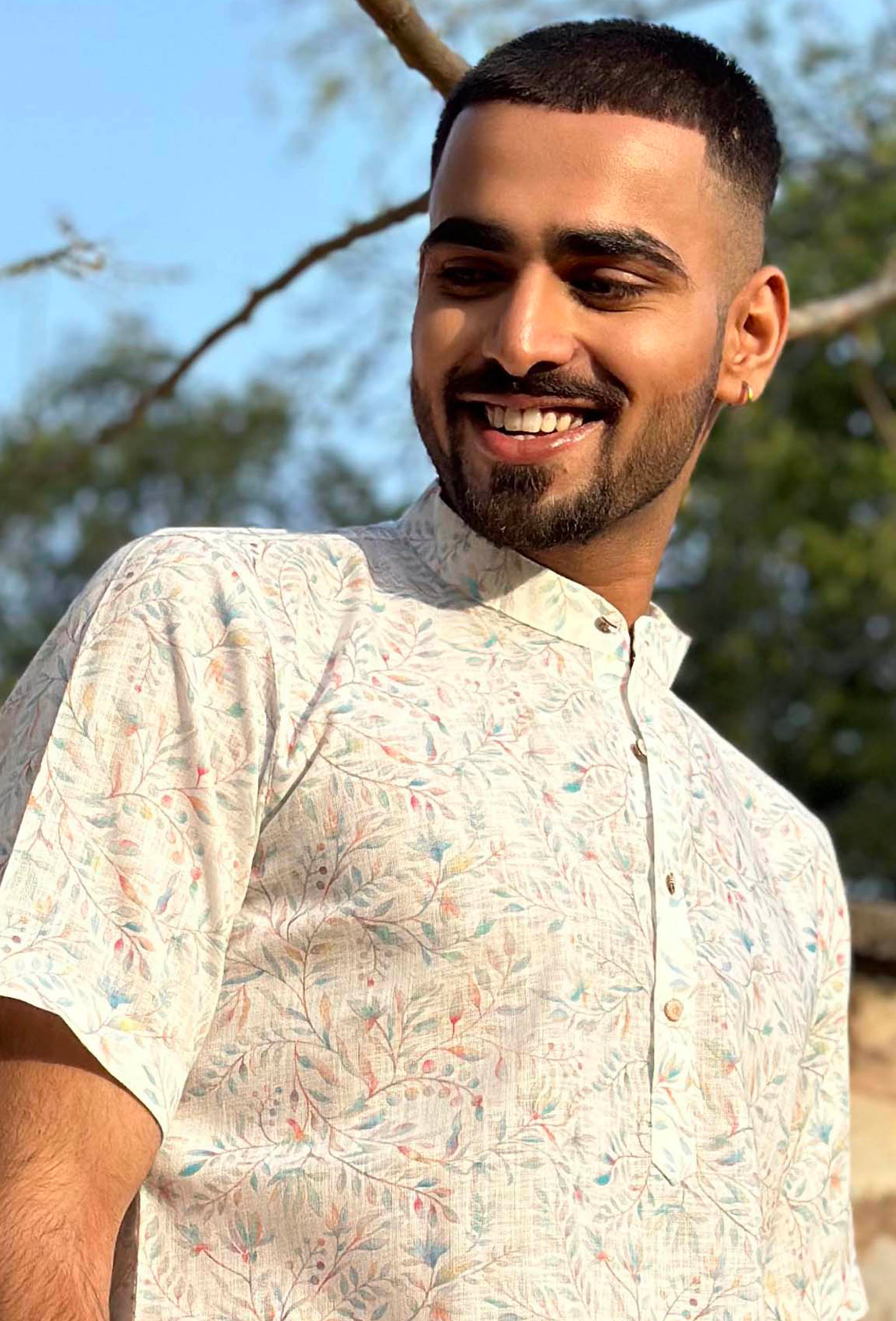 White Floral Printed Short Kurta