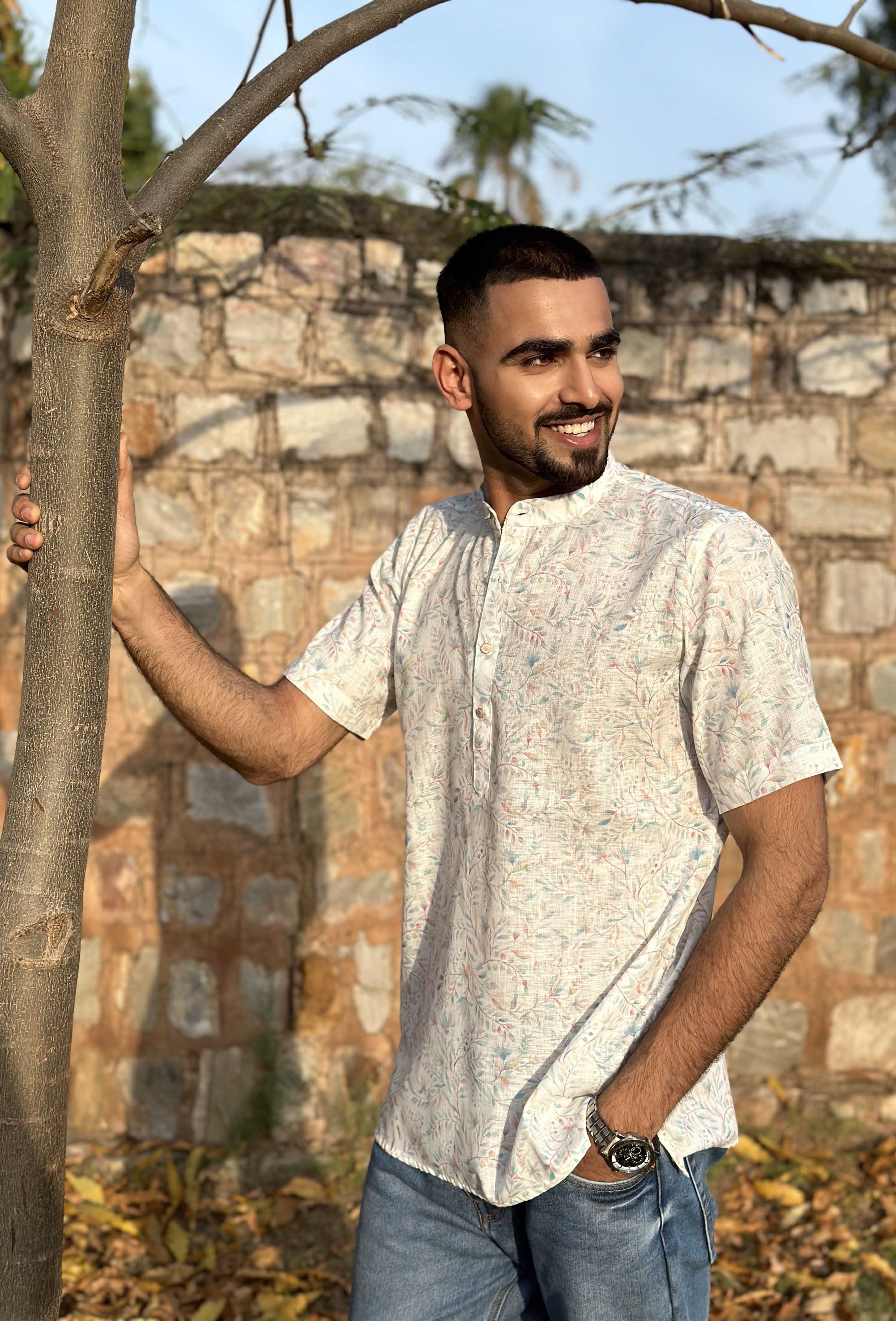 White Floral Printed Short Kurta
