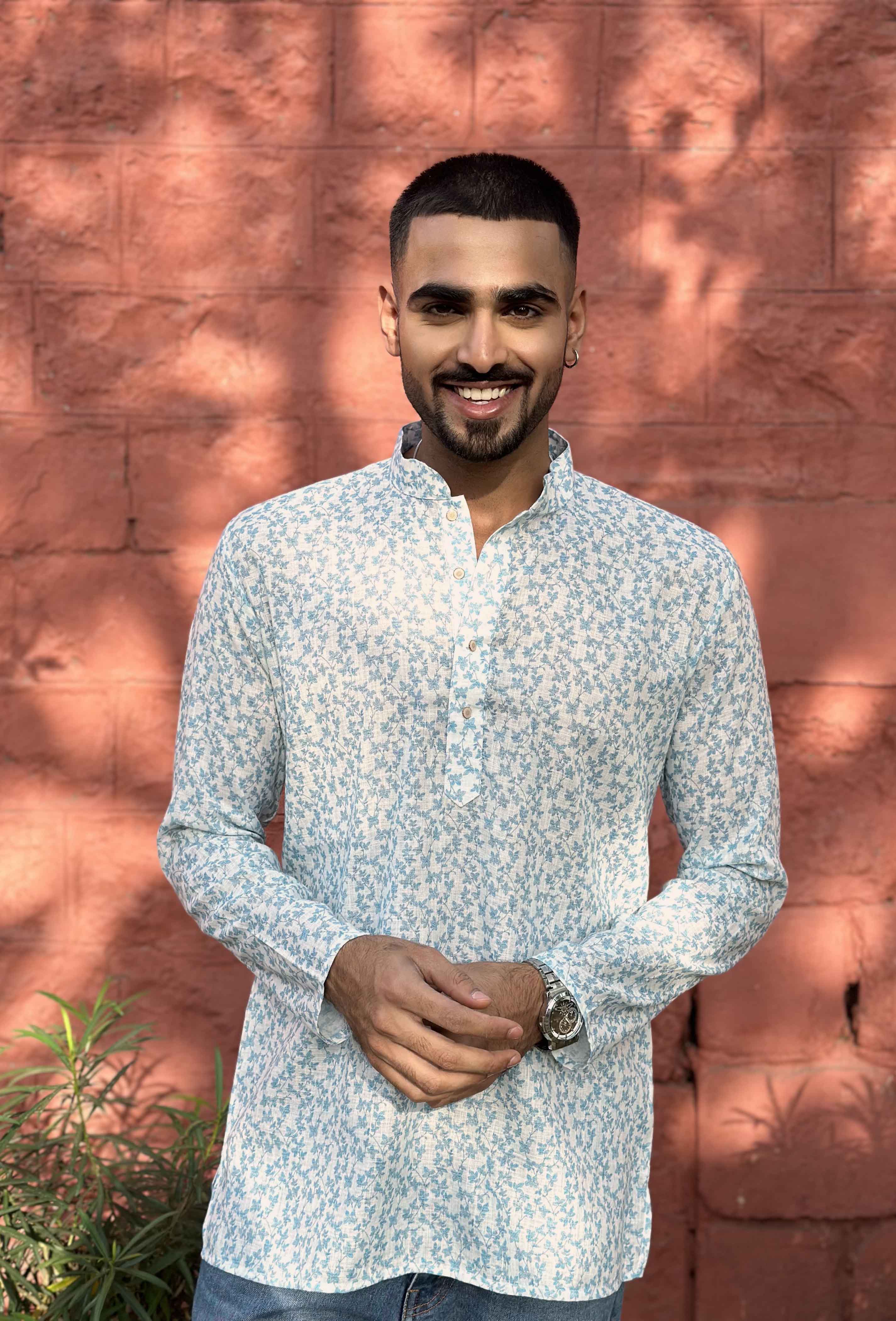 White Short Kurta with Blue Florals