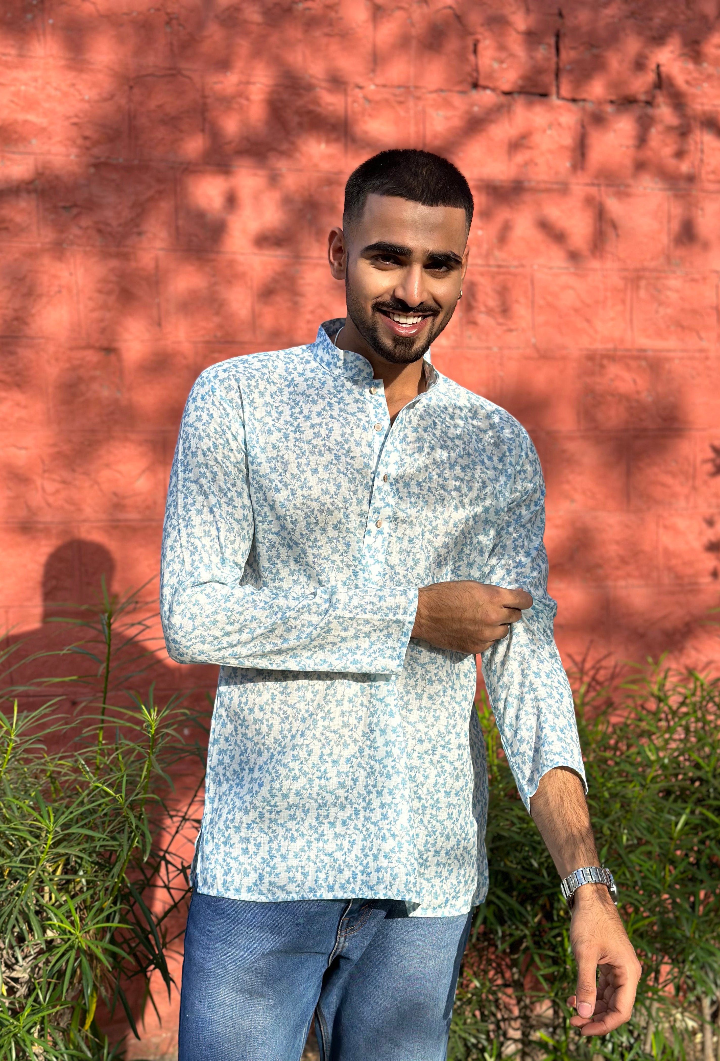 White Short Kurta with Blue Florals