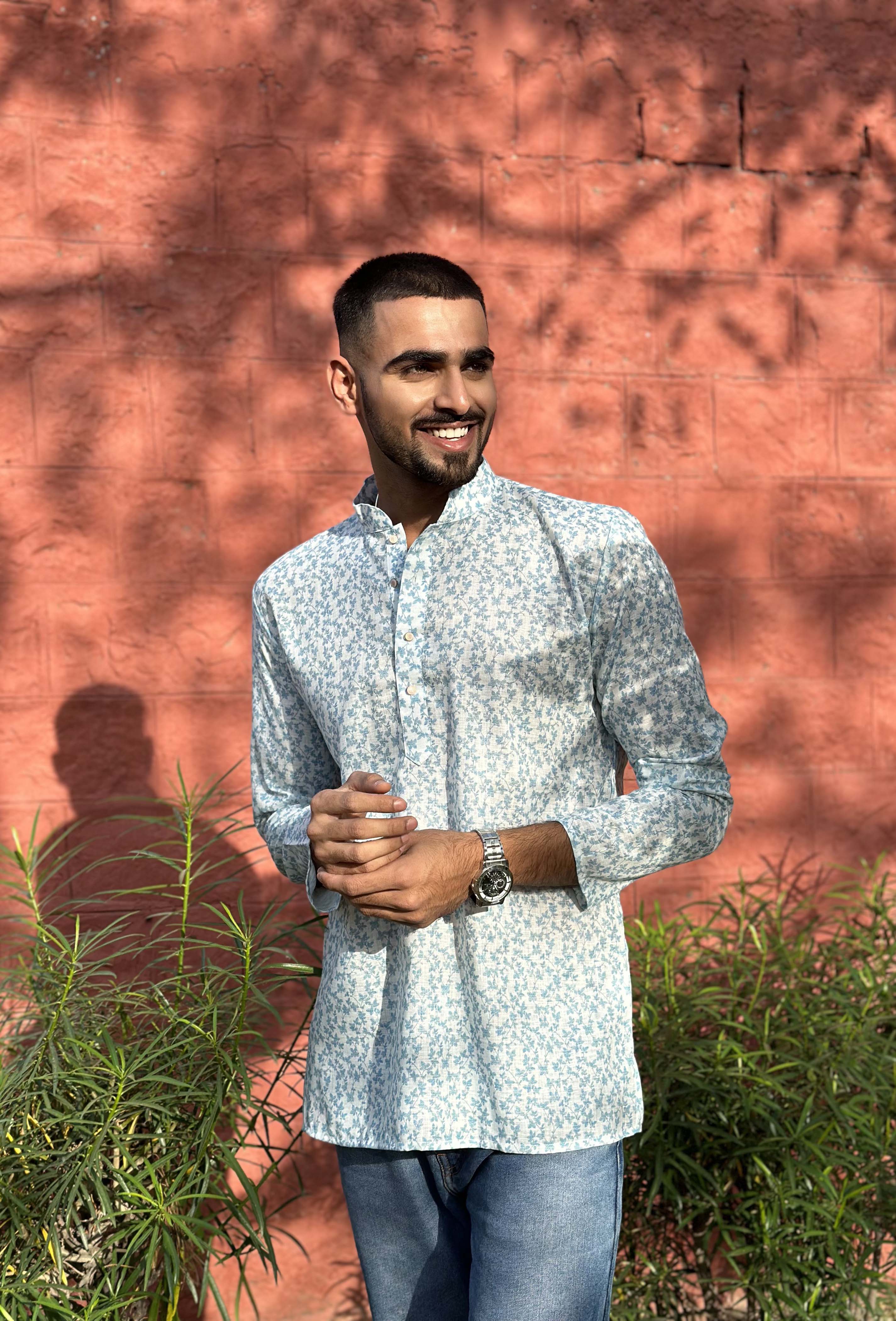 White Short Kurta with Blue Florals
