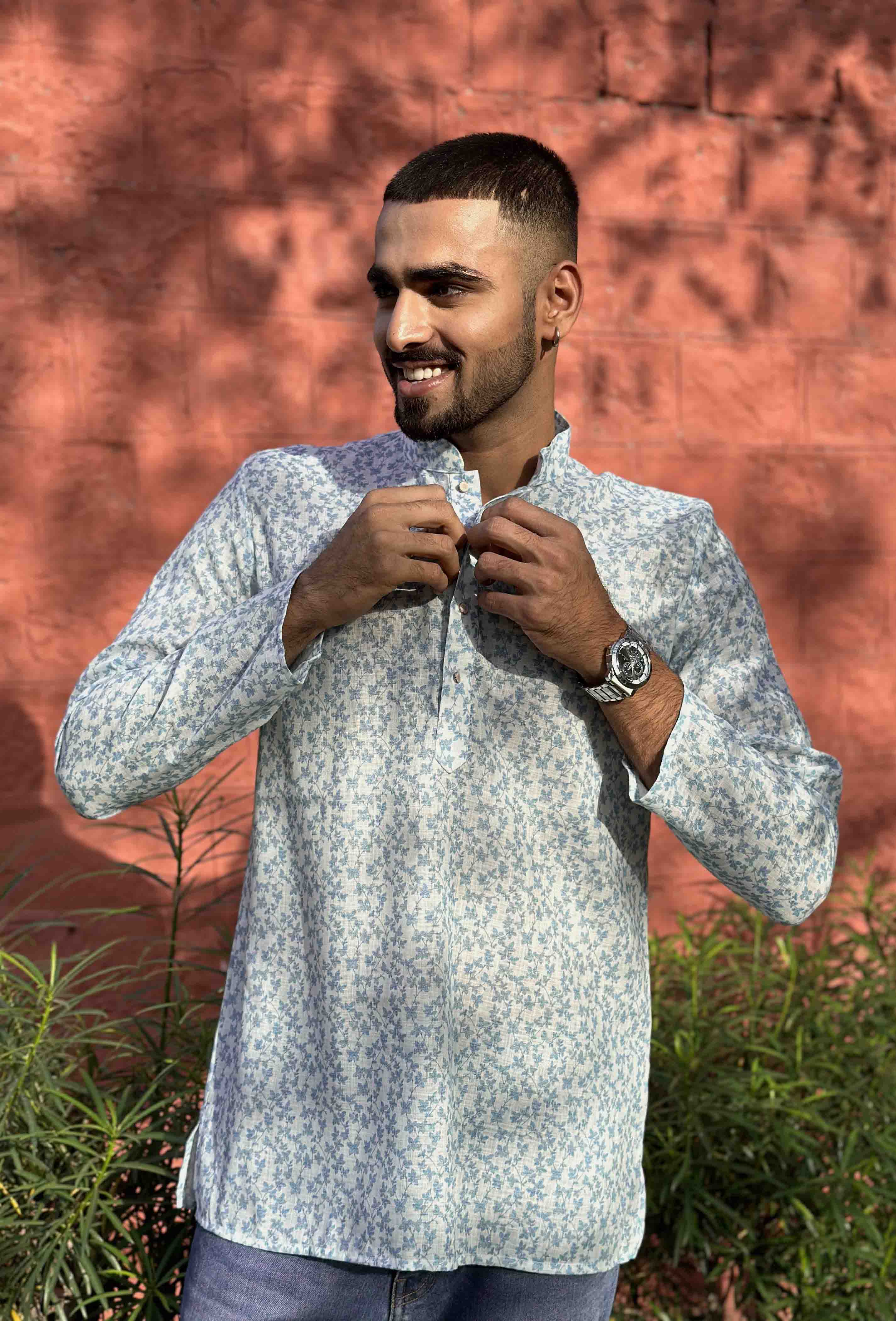 White Short Kurta with Blue Florals