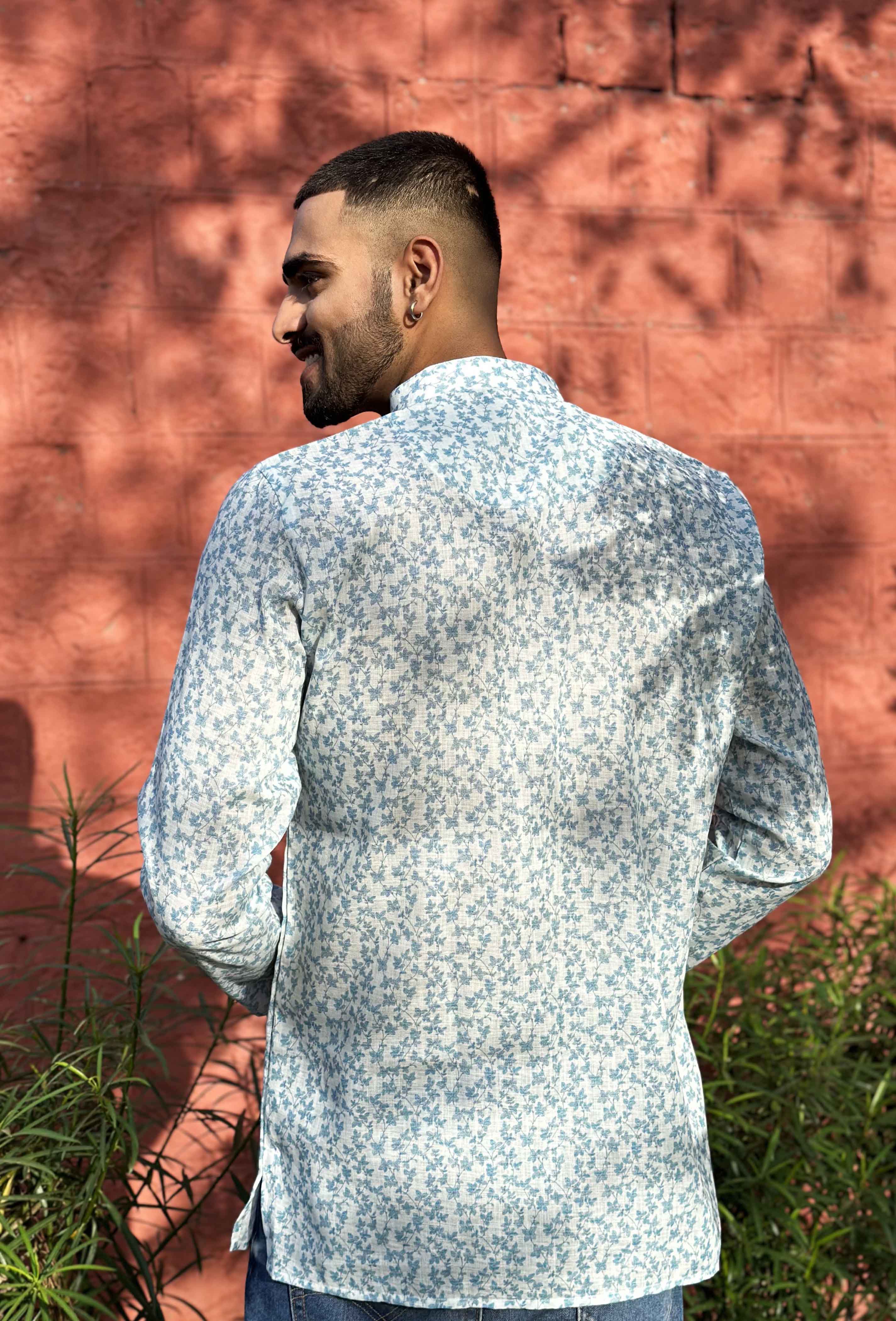 White Short Kurta with Blue Florals