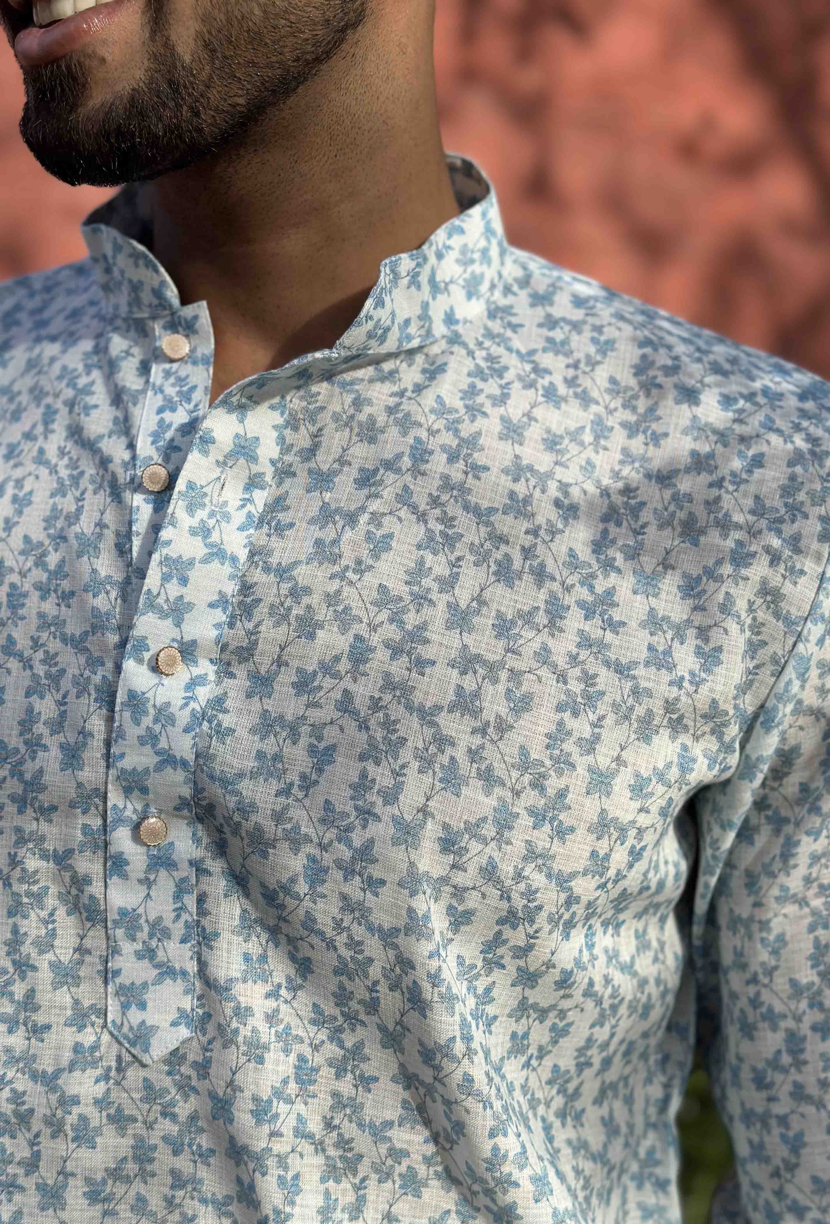 White Short Kurta with Blue Florals