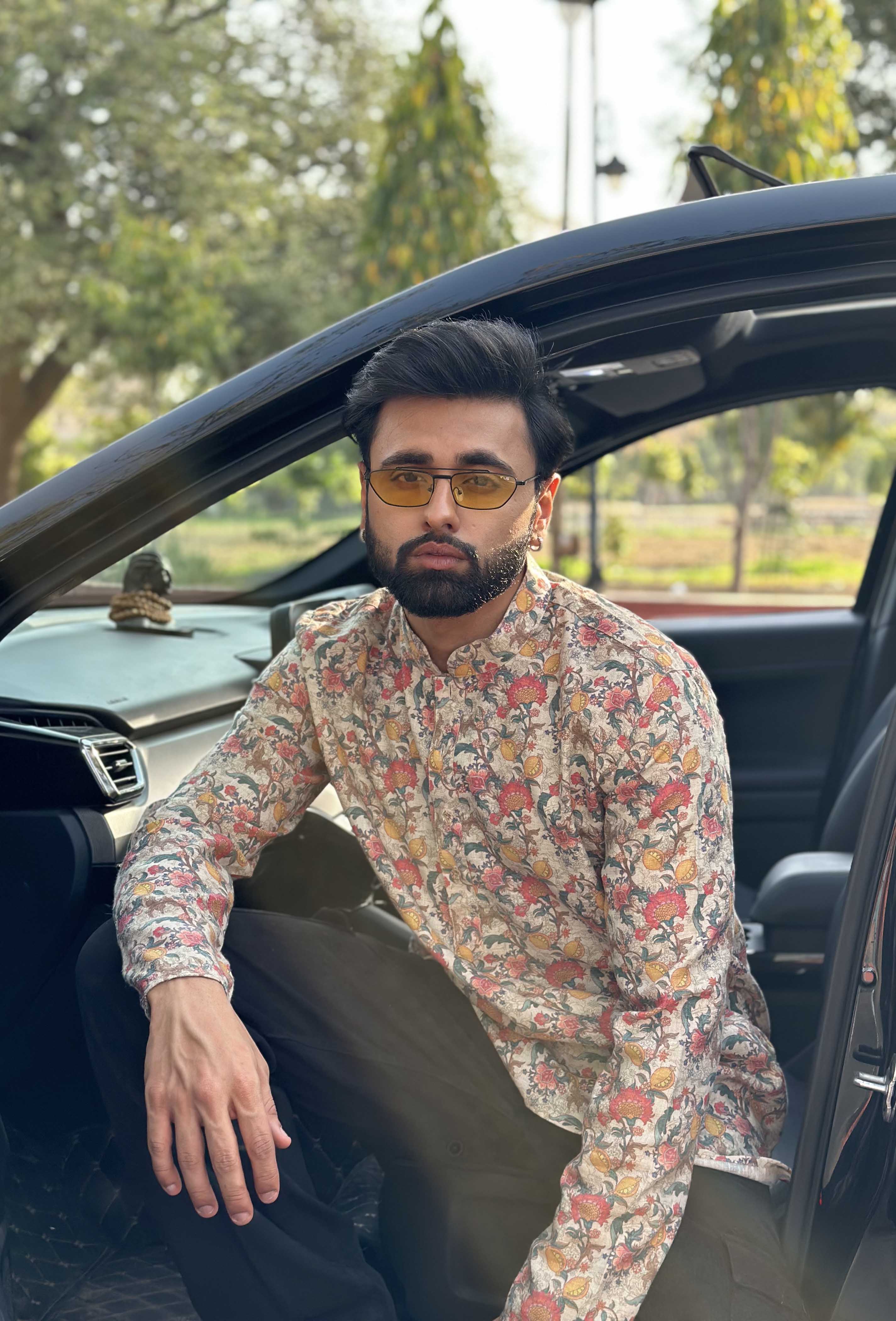 Beige Floral Short Kurta