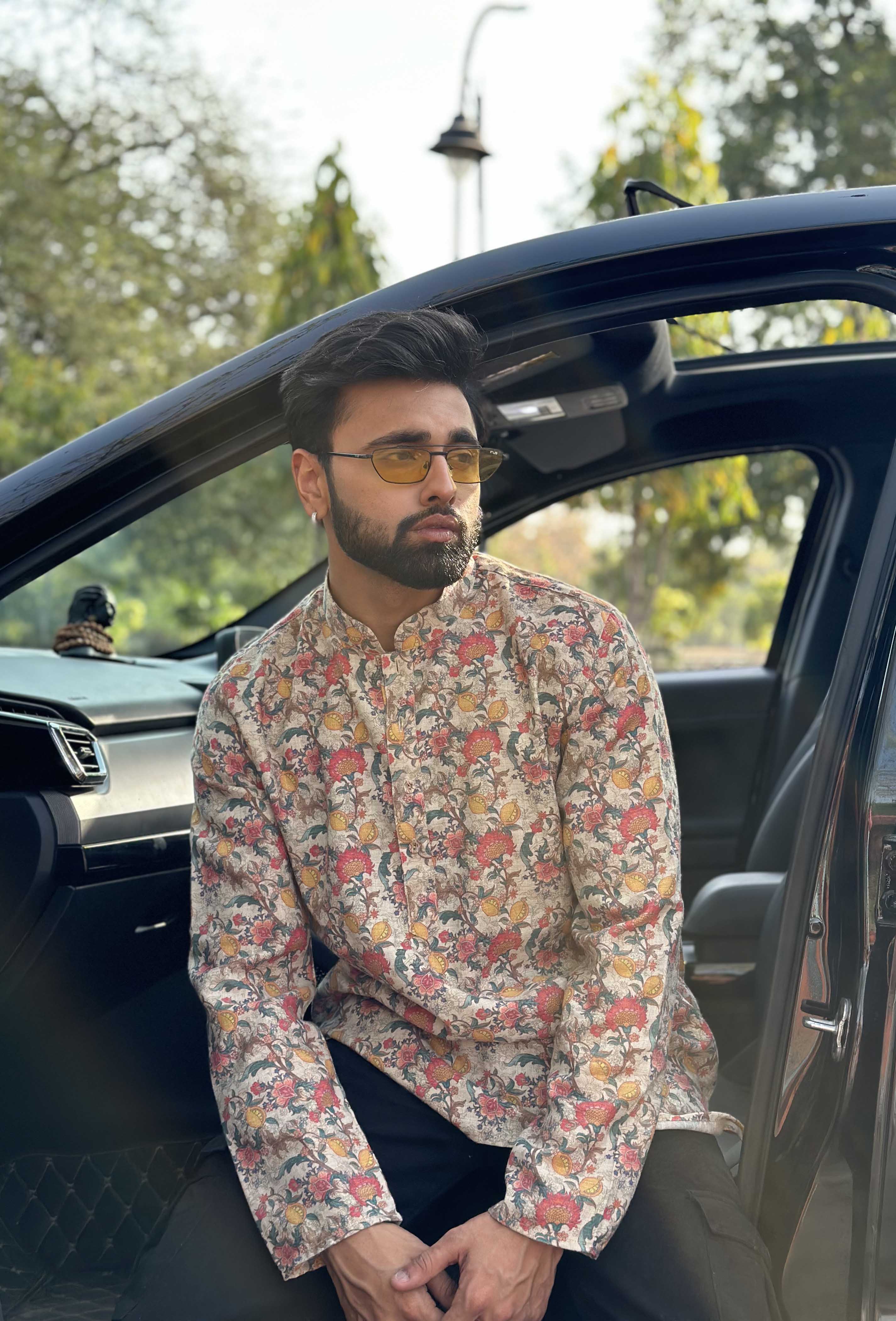 Beige Floral Short Kurta