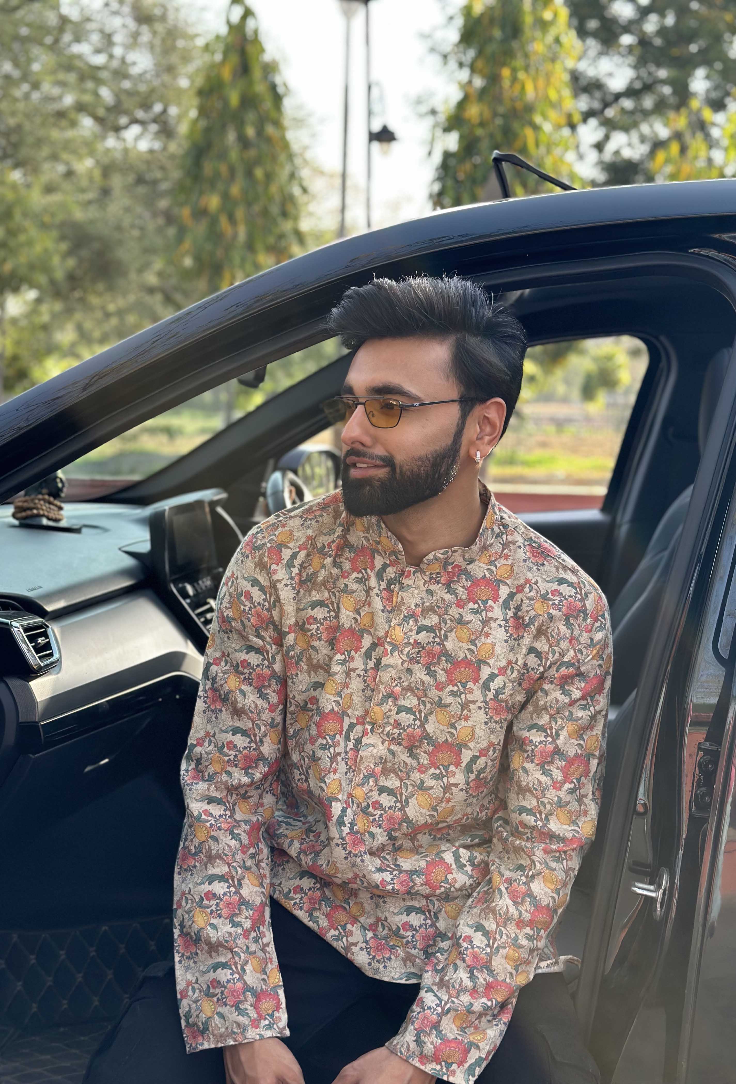 Beige Floral Short Kurta