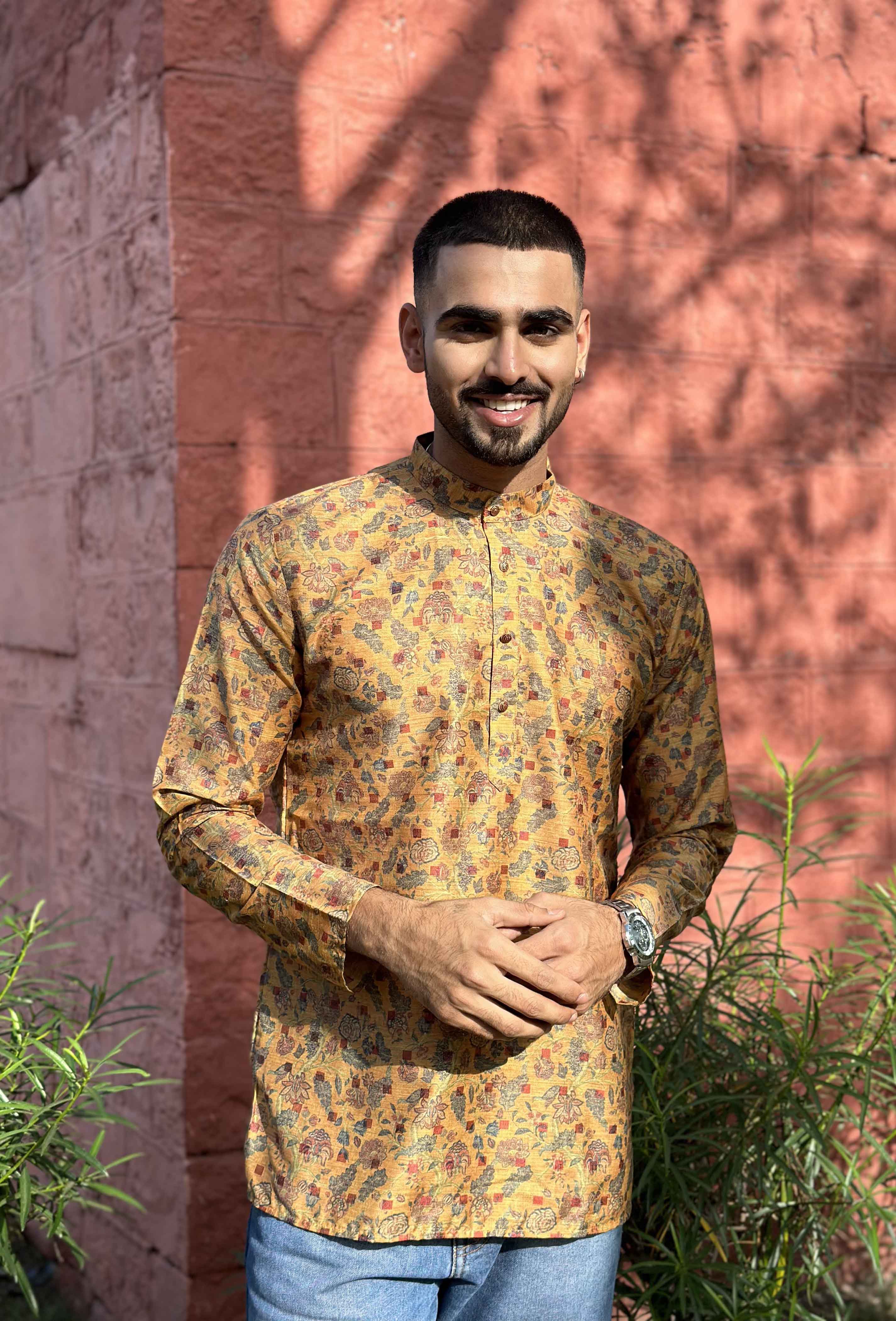 Yellow Printed Short Kurta