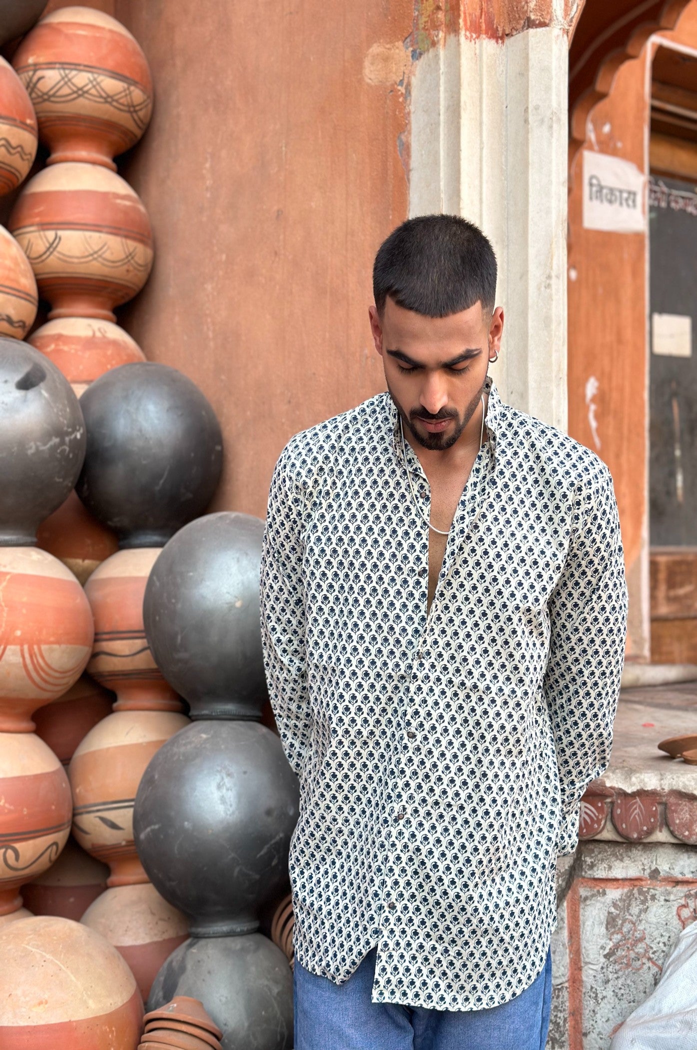 Blue Printed Cotton Shirt kurta