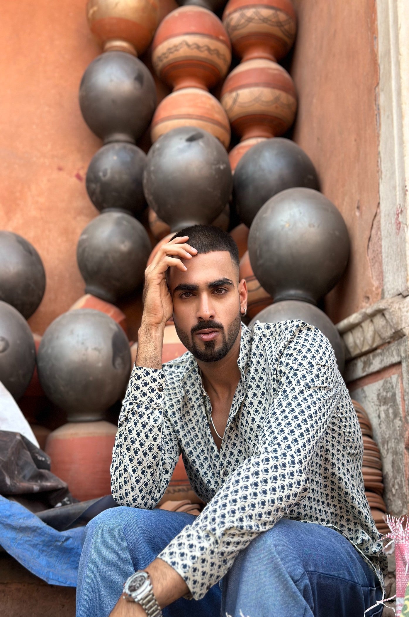 Blue Printed Cotton Shirt kurta