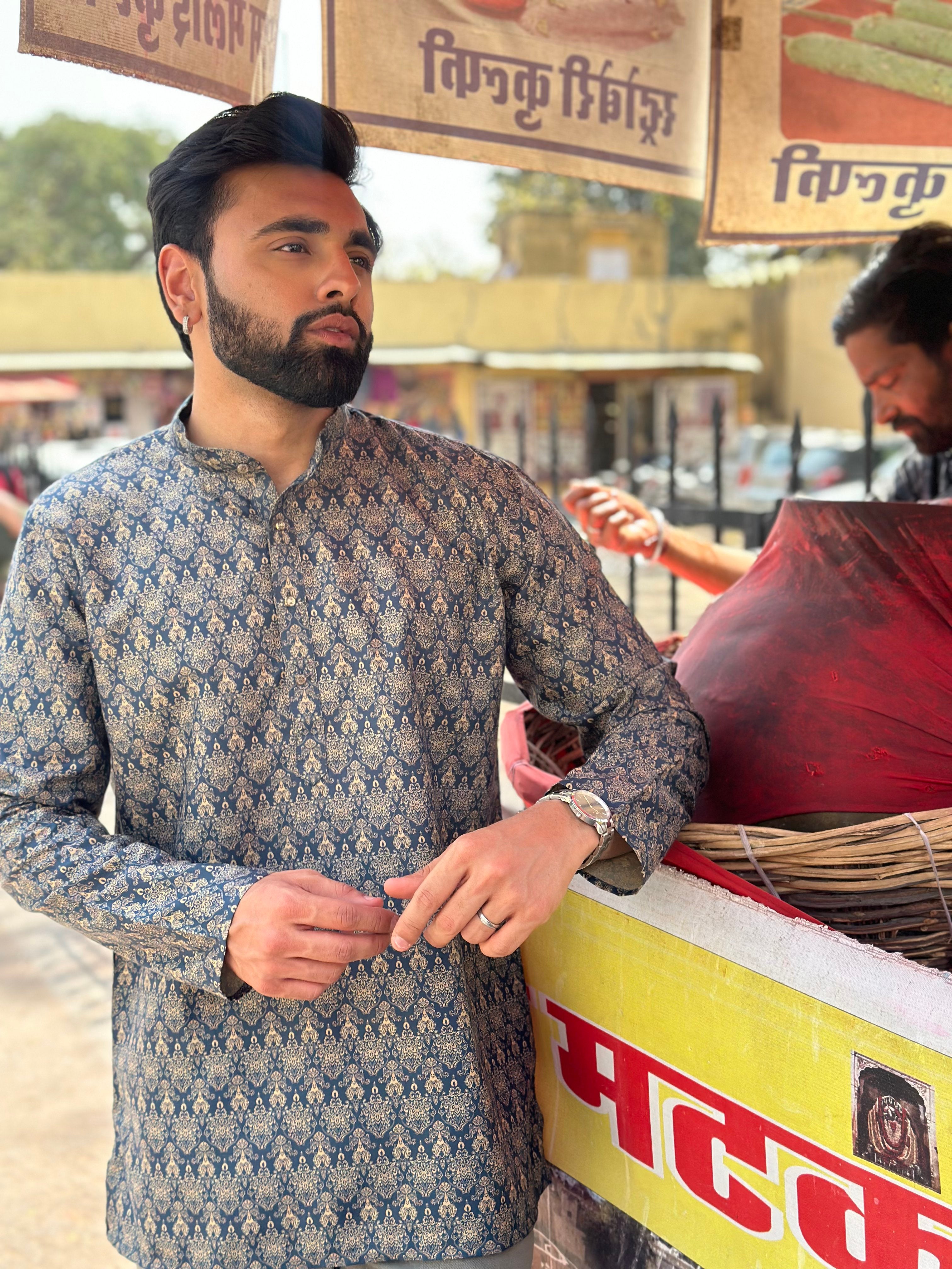 Traditional Navy Blue Print Short Kurta