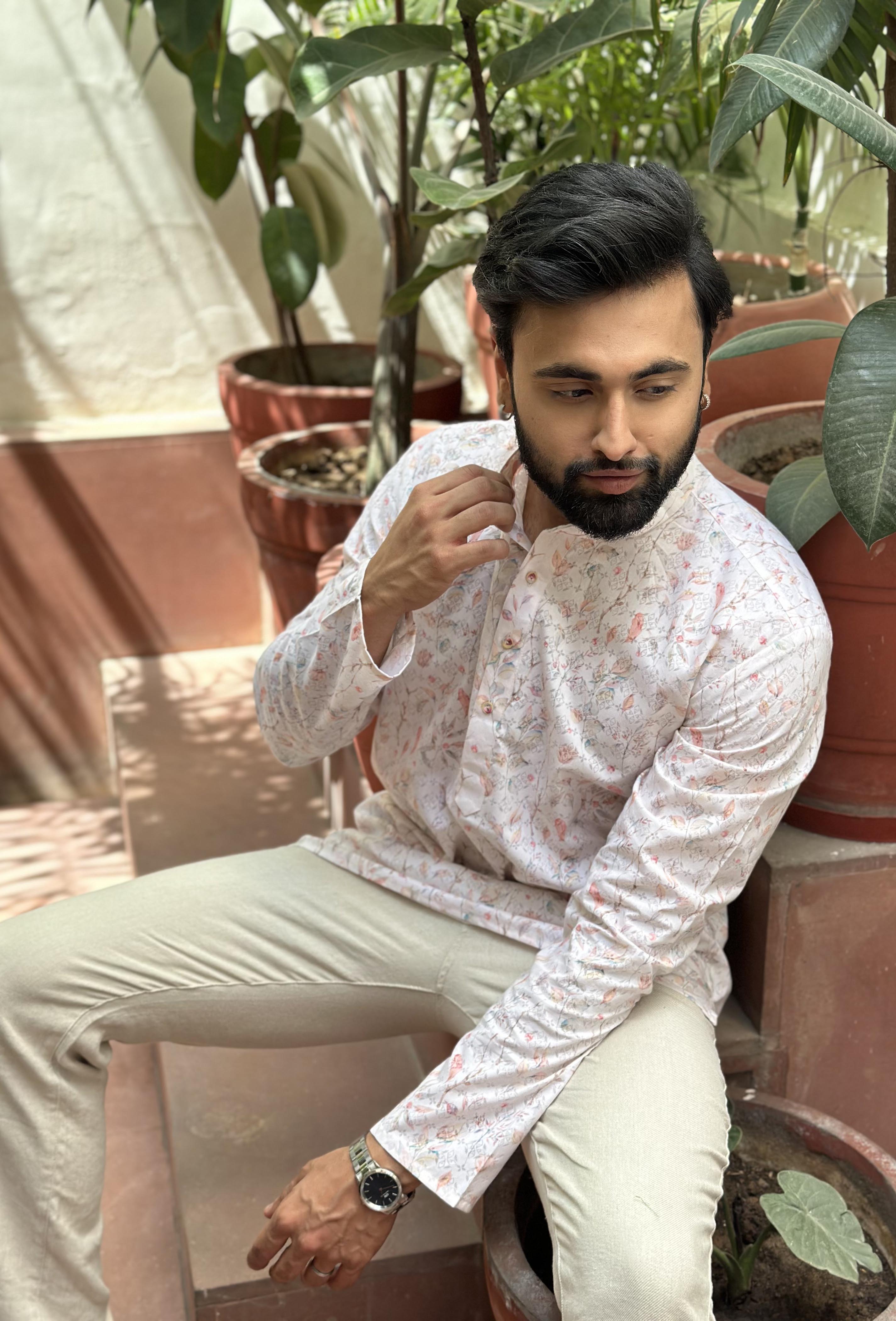Cream Floral Short Kurta