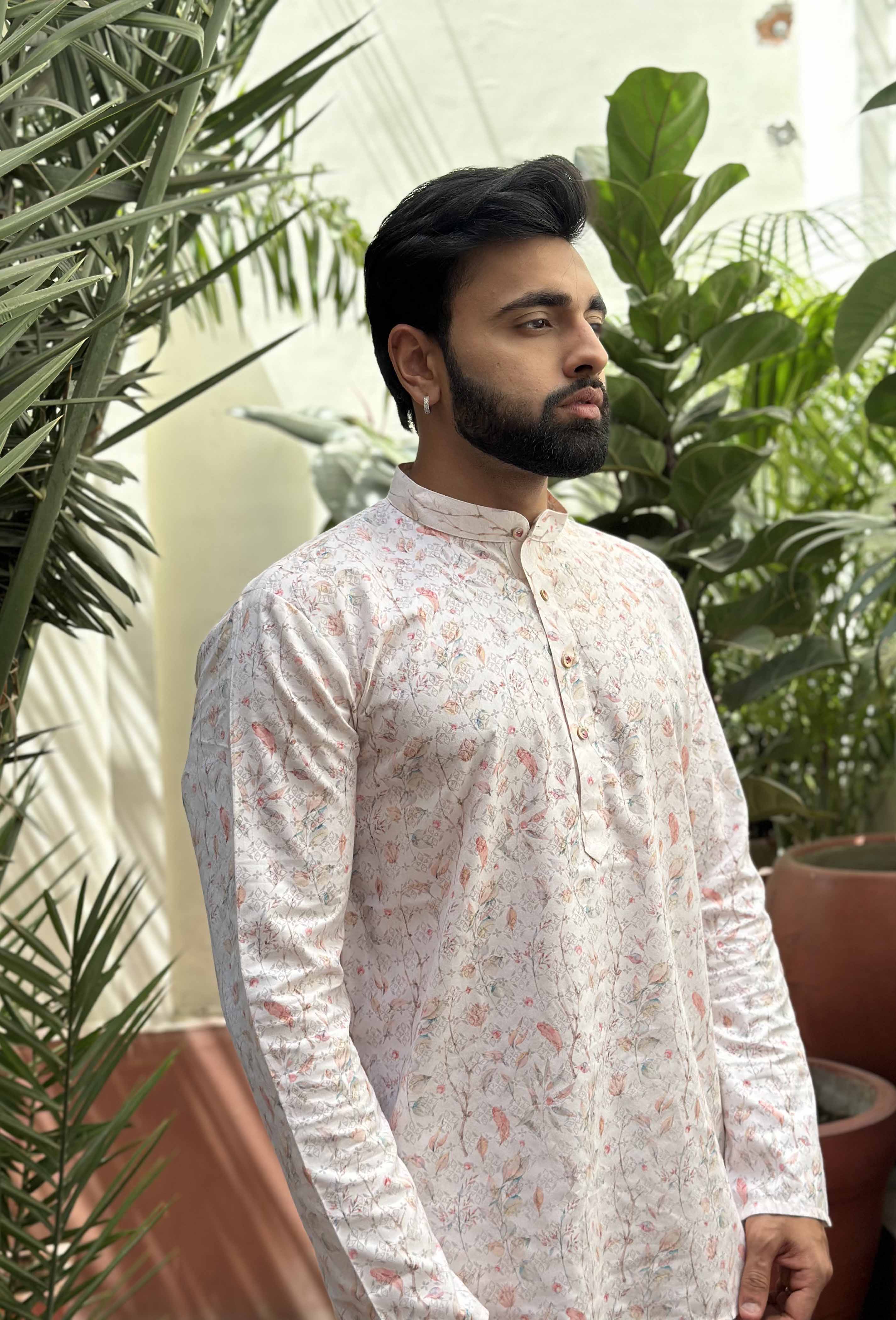 Cream Floral Short Kurta