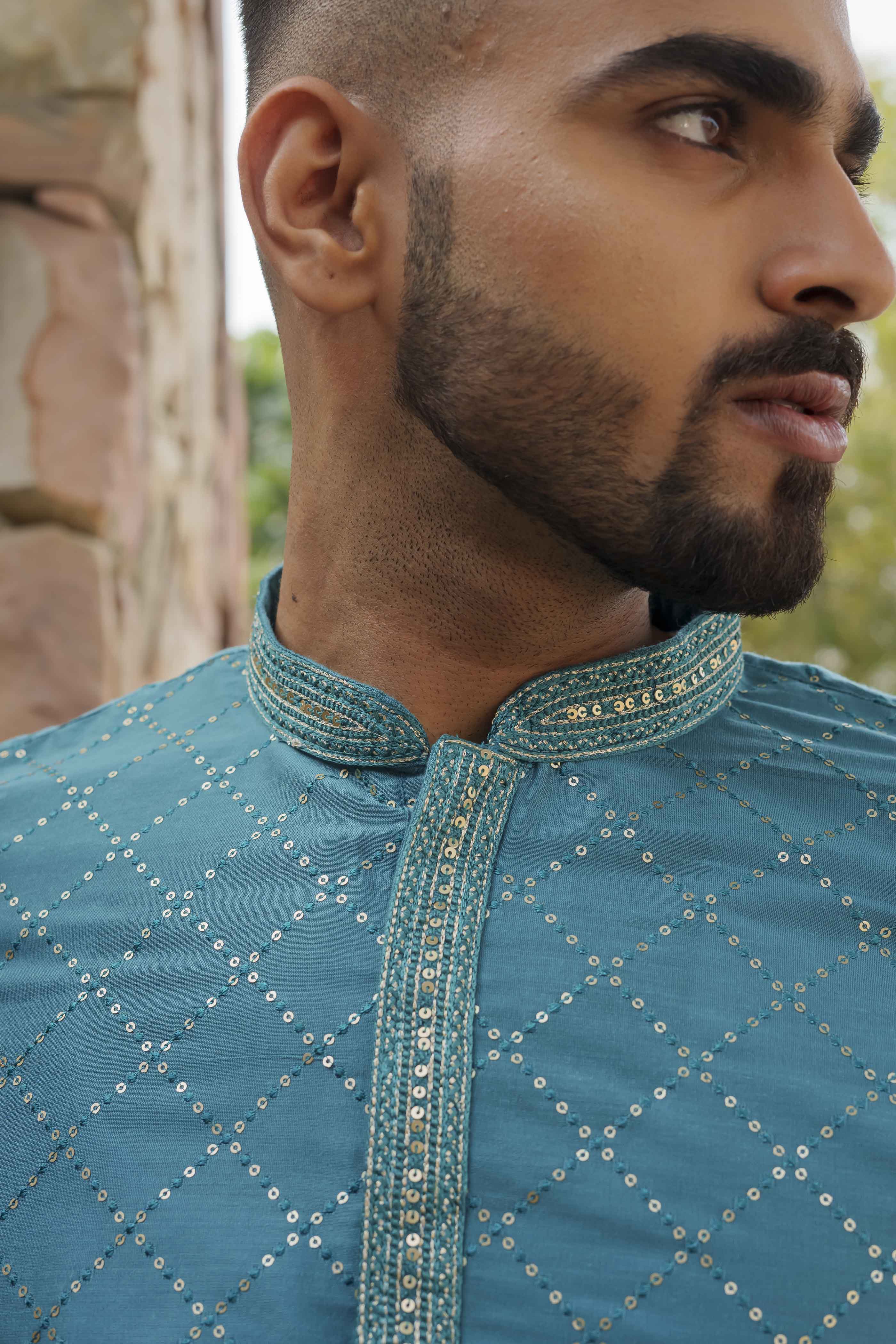 Geometric Sequence Turquoise Blue Kurta