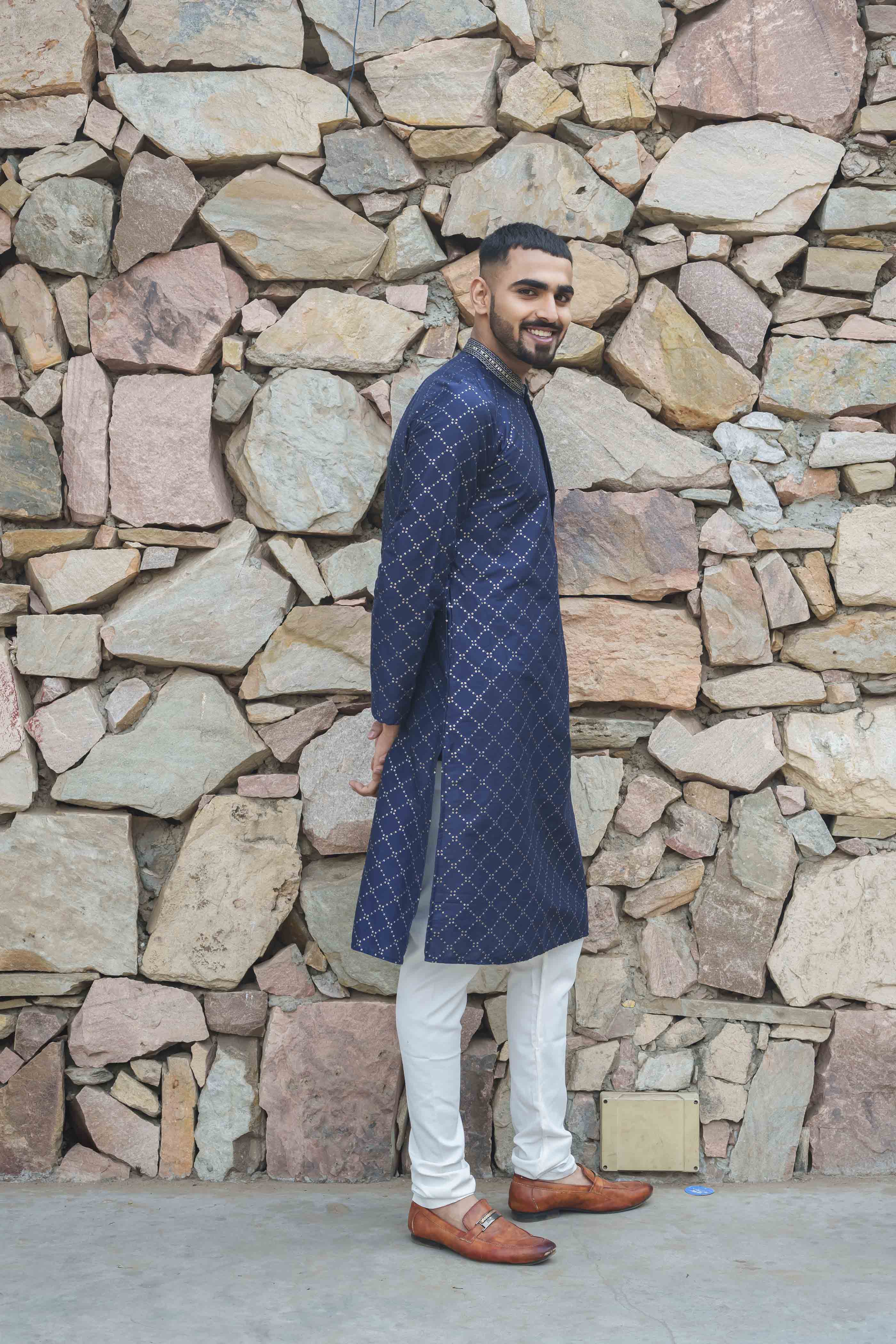 Geometric Sequence Navy Blue Kurta