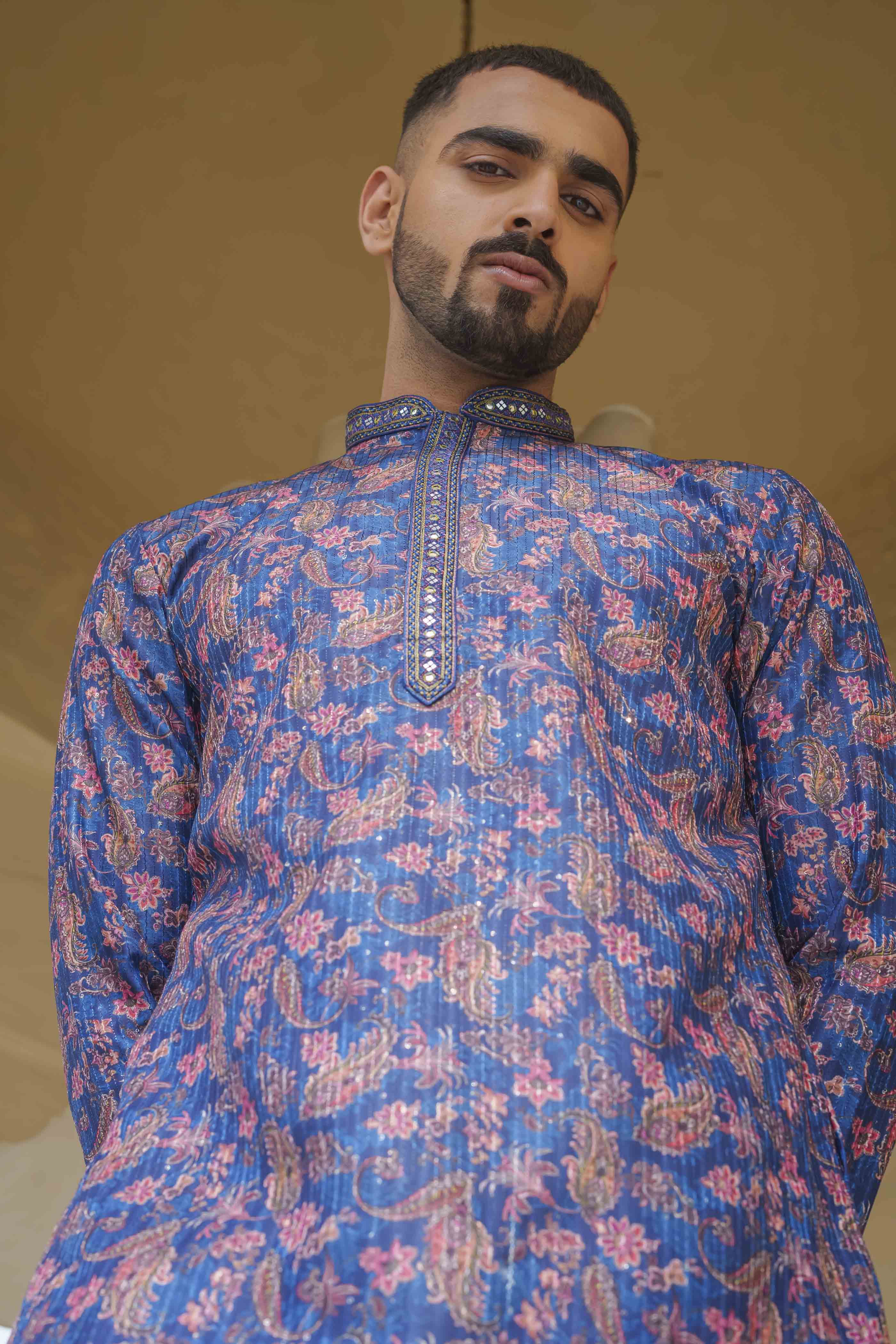 Blue Paisley Printed Sequence Kurta
