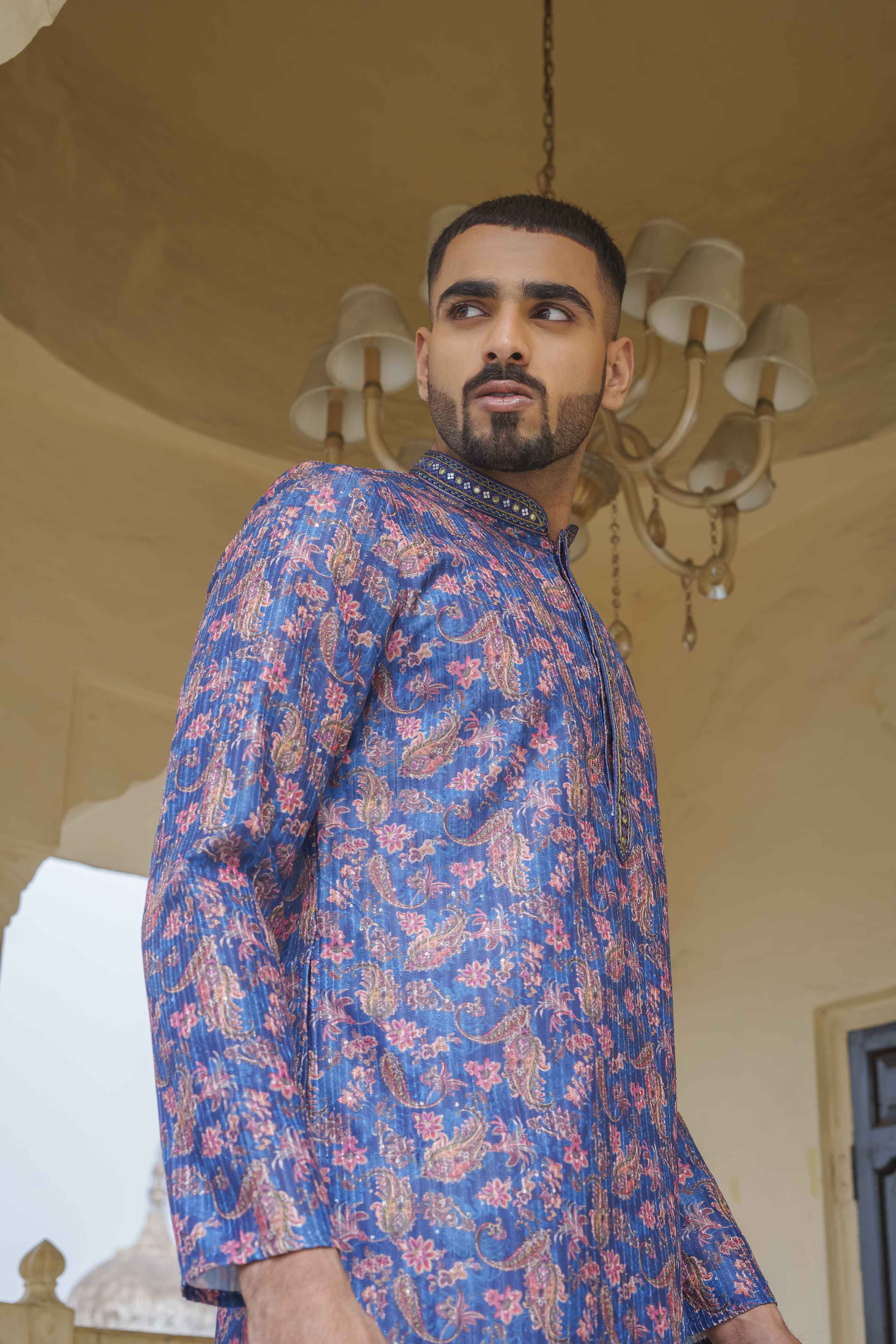 Blue Paisley Printed Sequence Kurta