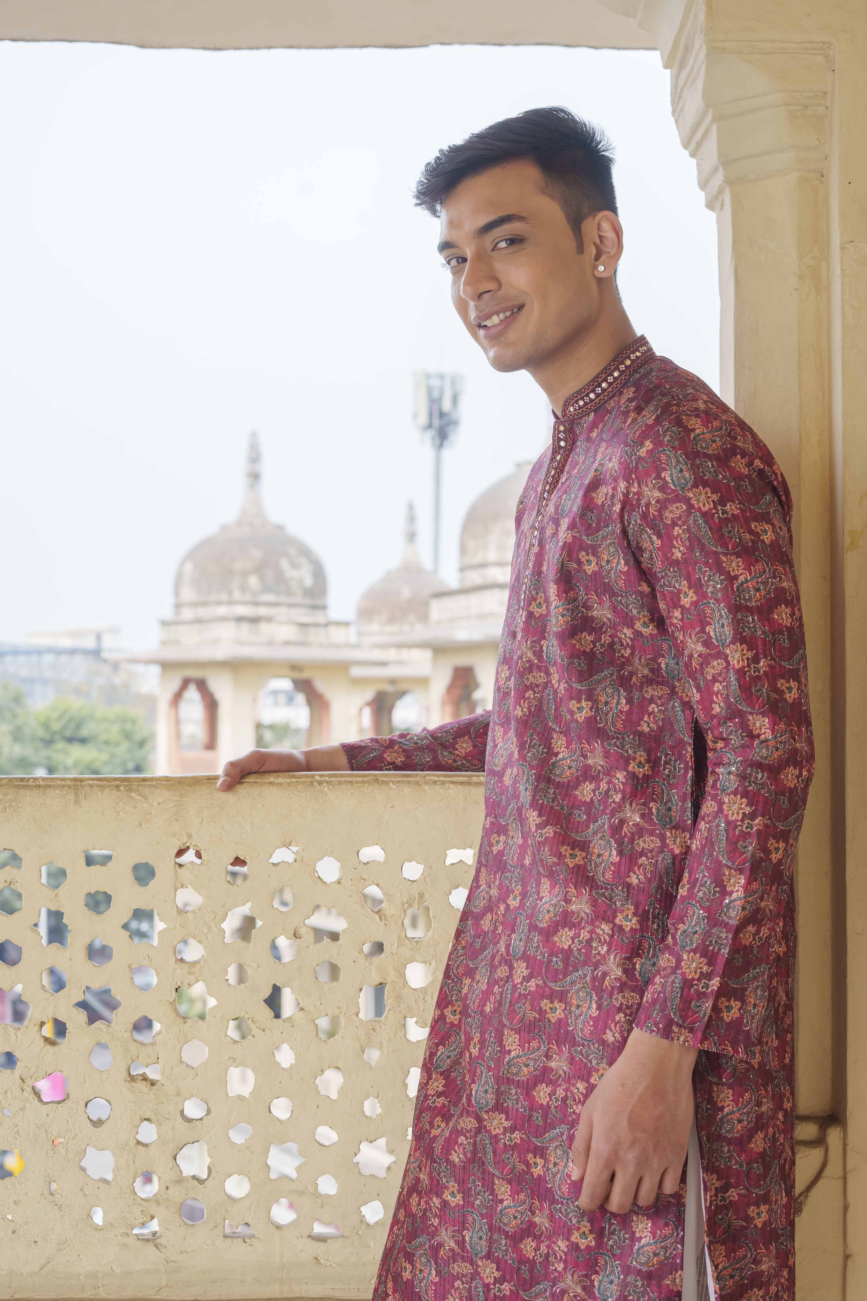 Maroon Paisley Printed Sequence Kurta