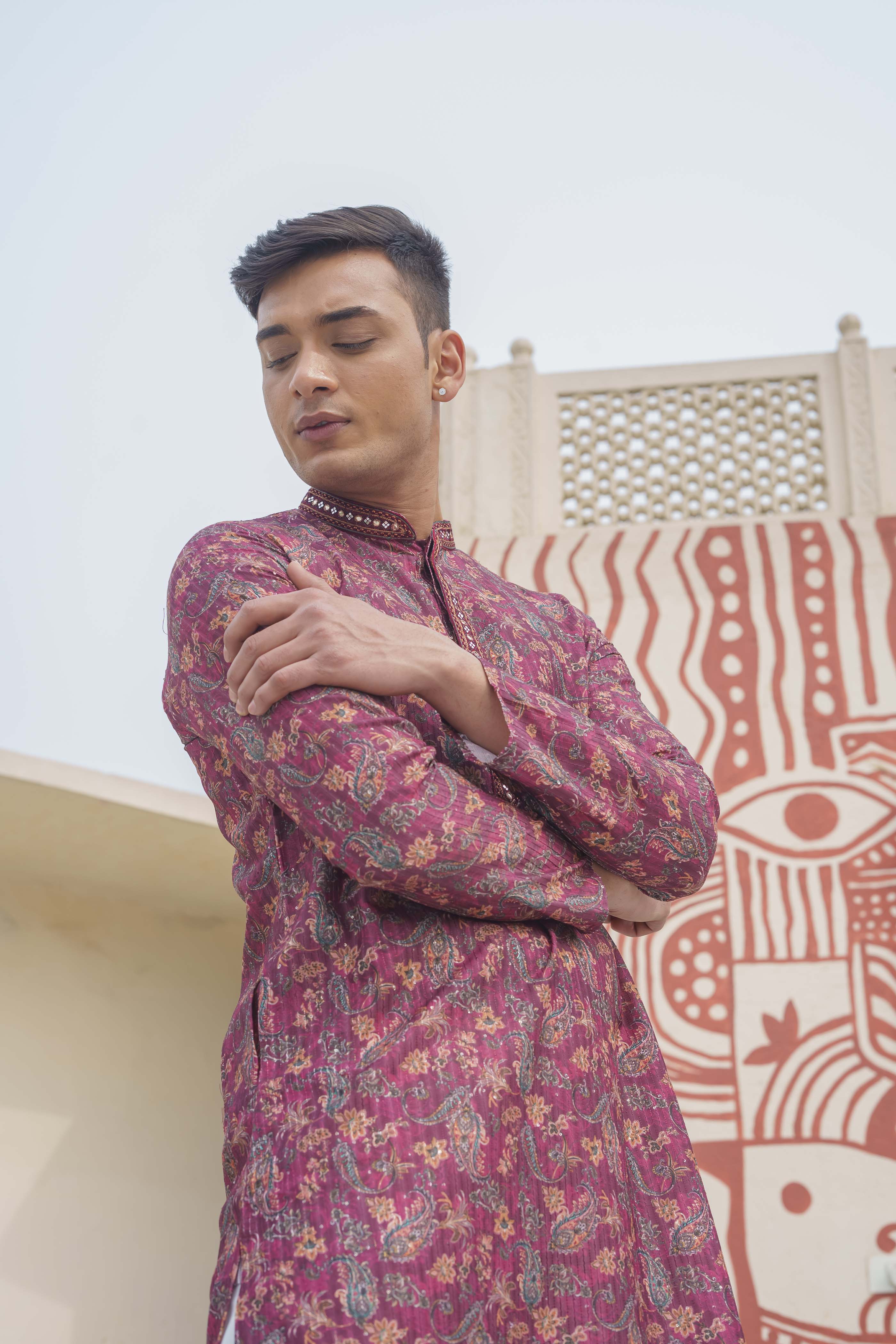 Maroon Paisley Printed Sequence Kurta