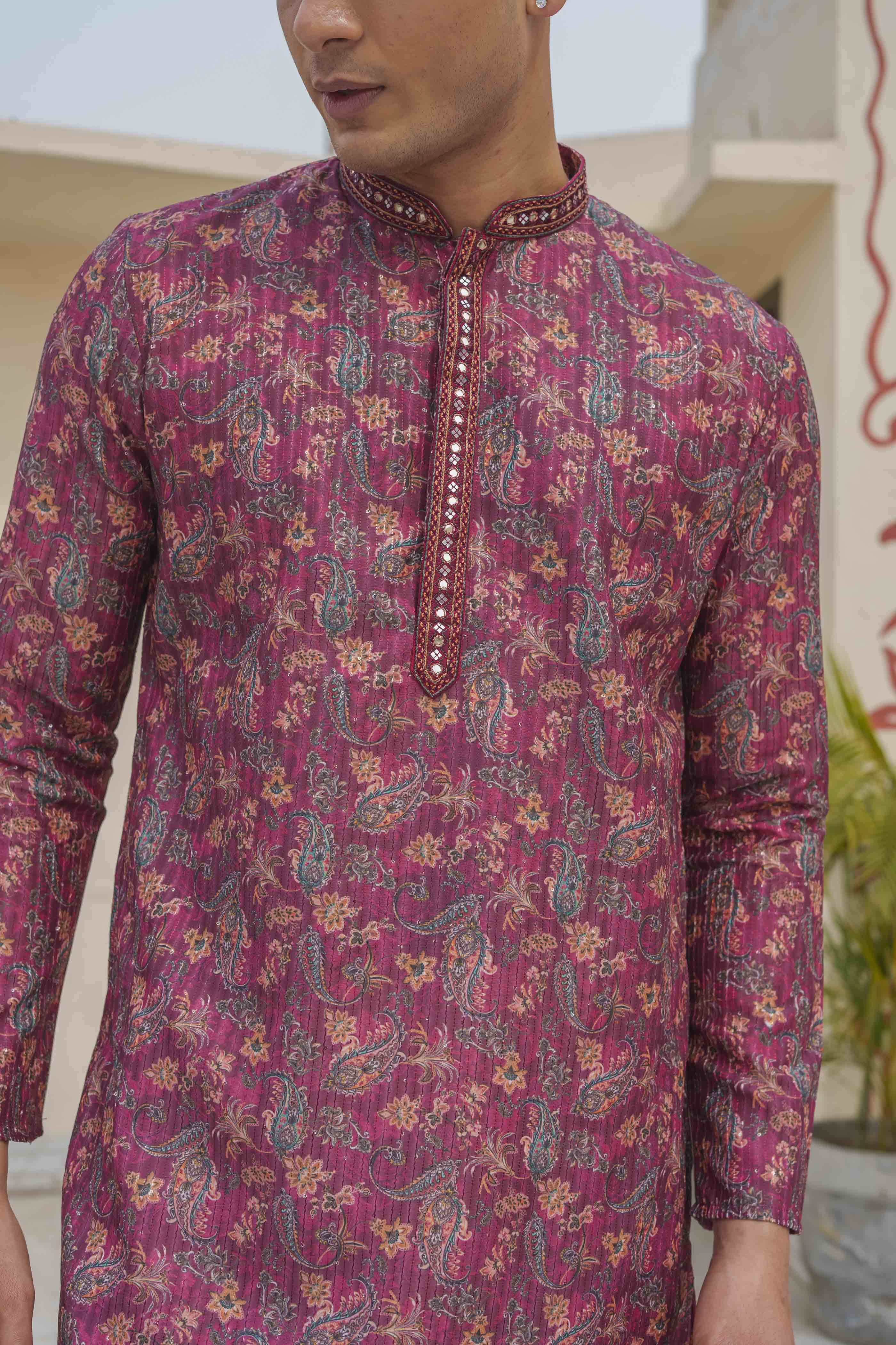 Maroon Paisley Printed Sequence Kurta