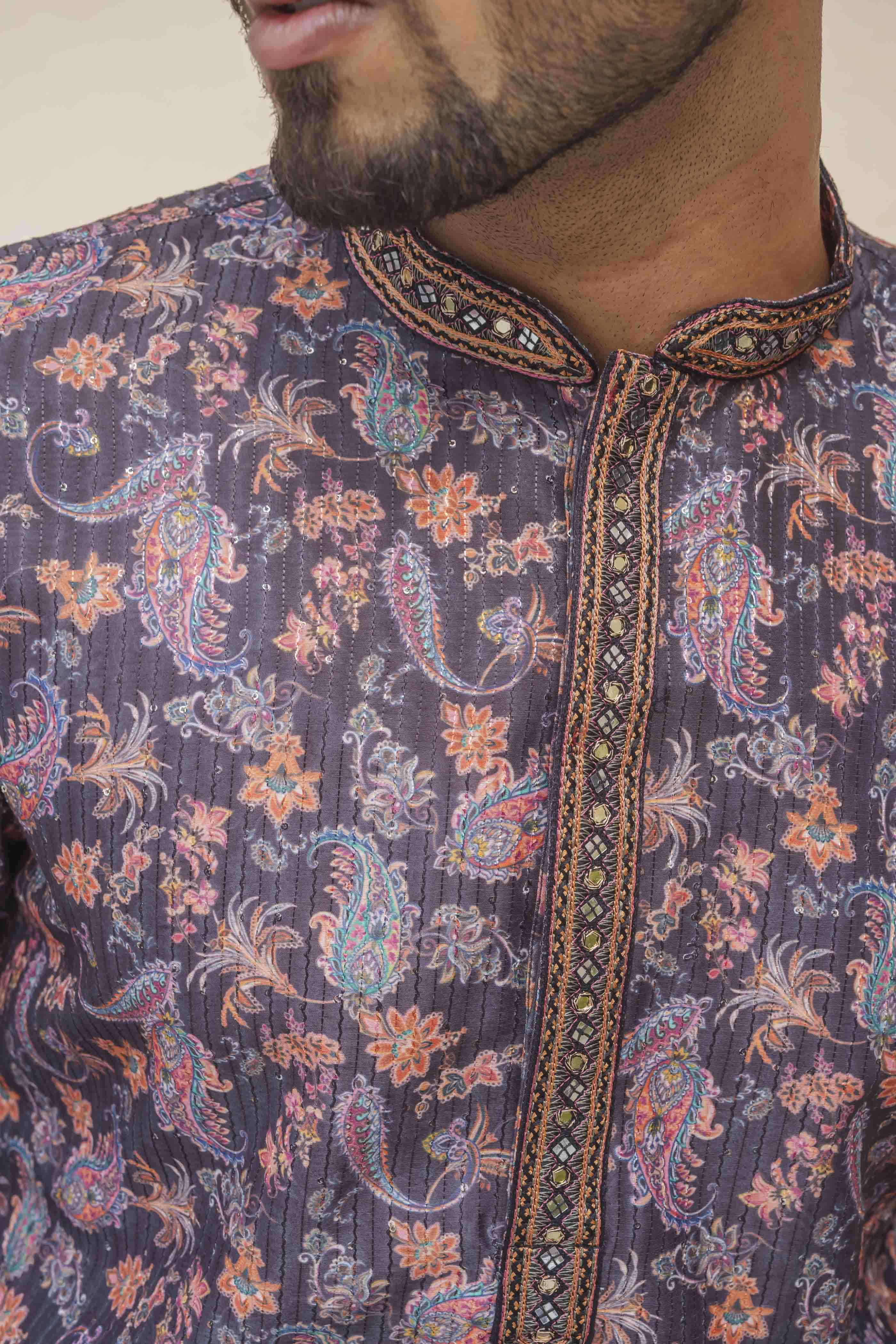 Black Paisley Printed Sequence Kurta