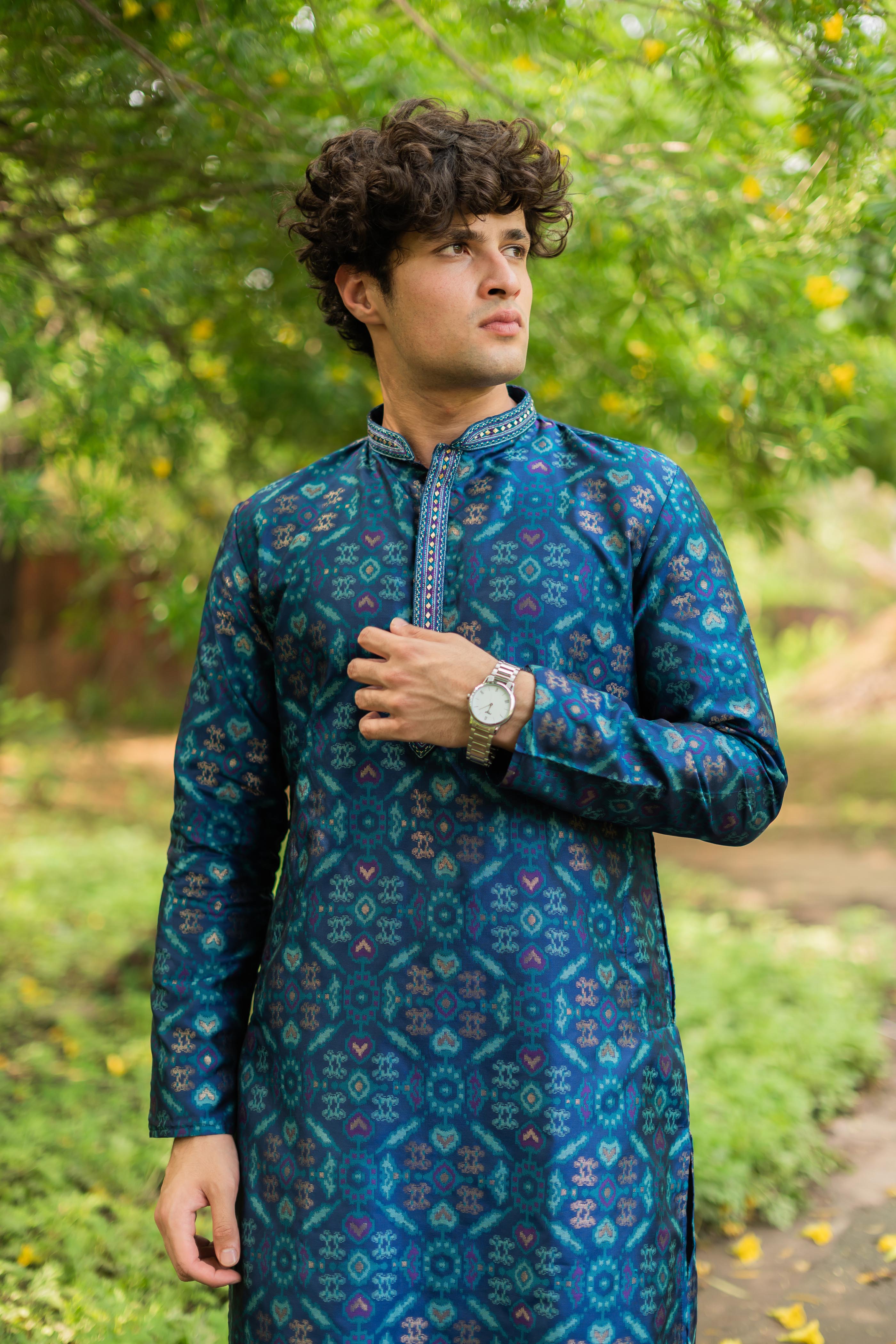 Vibrant Blue Jacquard Men's Kurta