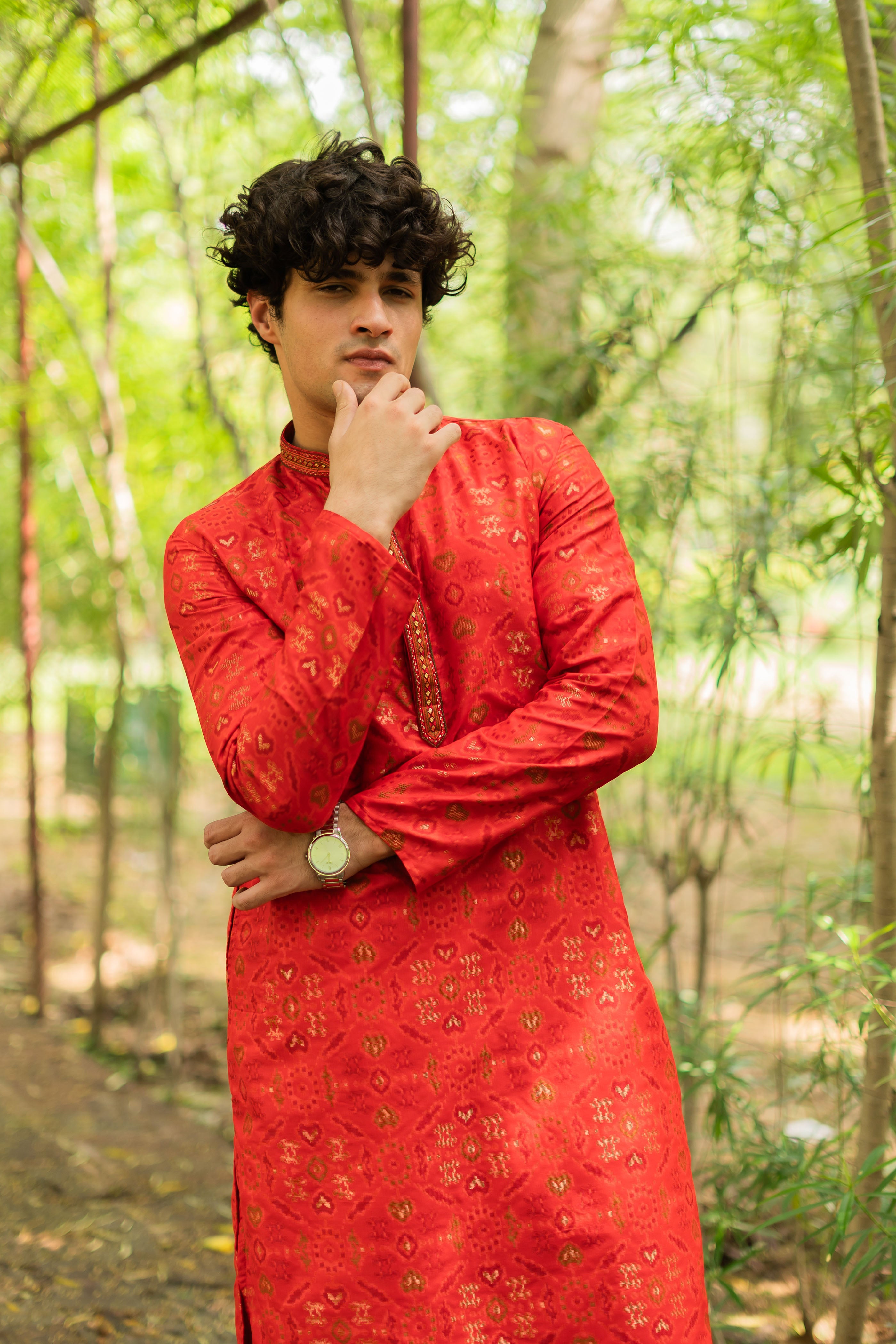 Striking Red Jacquard Men's Kurta