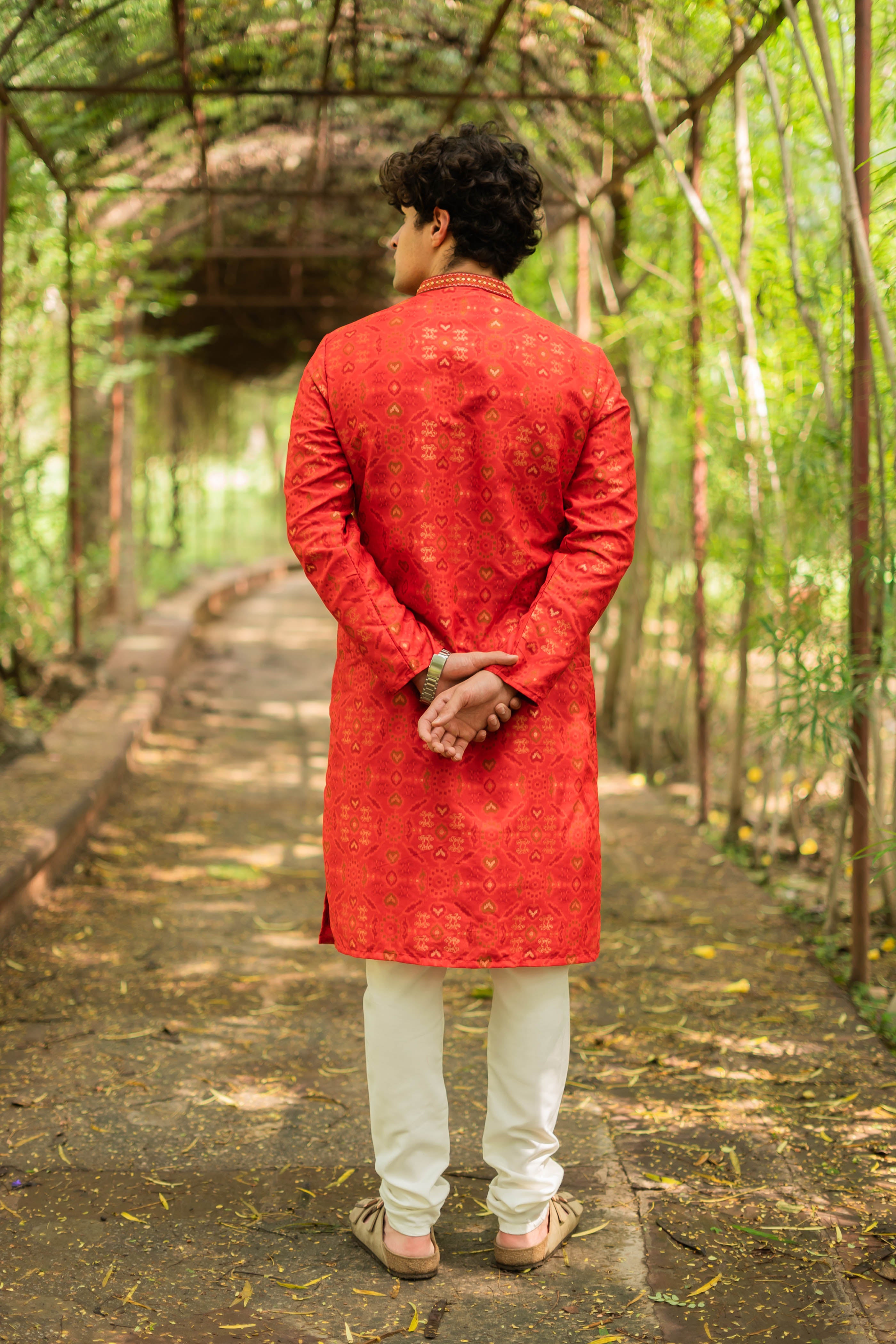 Striking Red Jacquard Men's Kurta