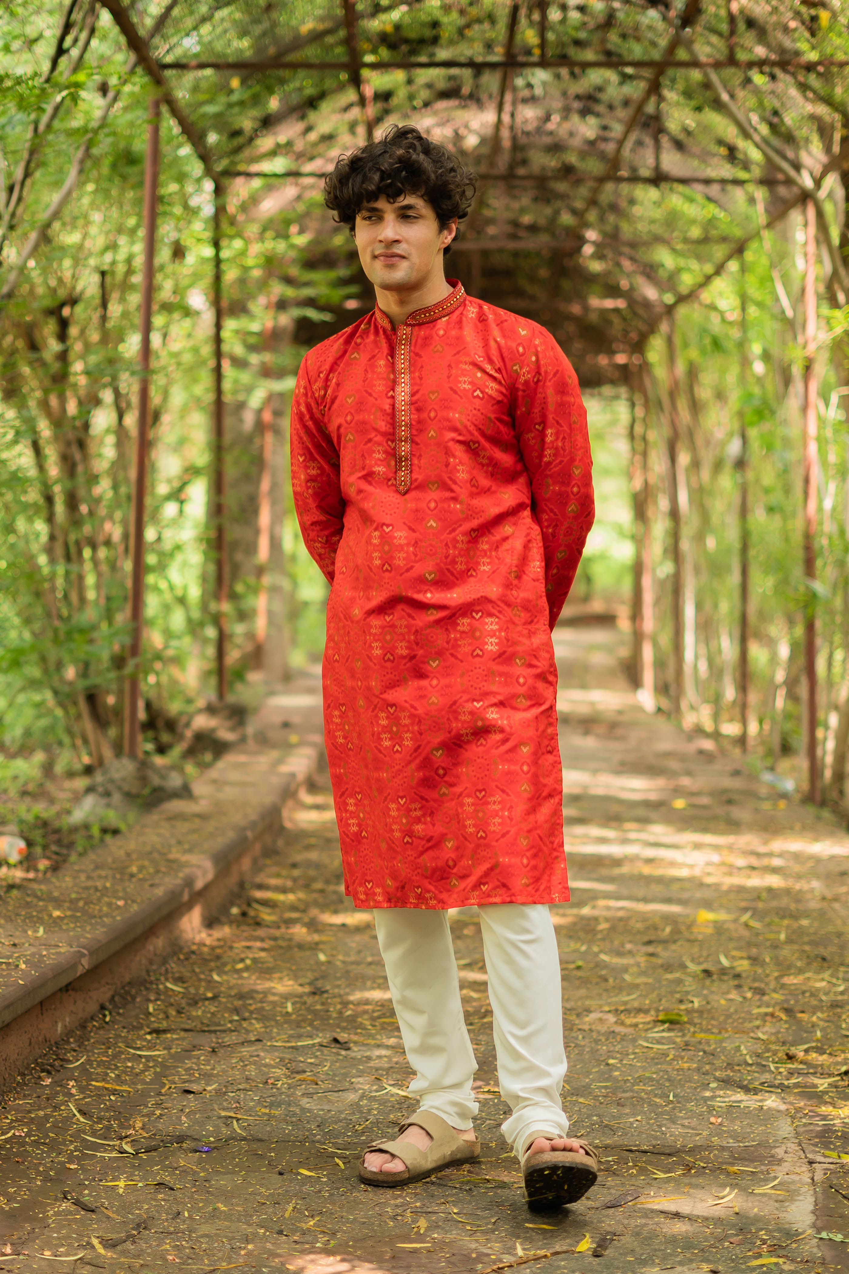 Striking Red Jacquard Men's Kurta