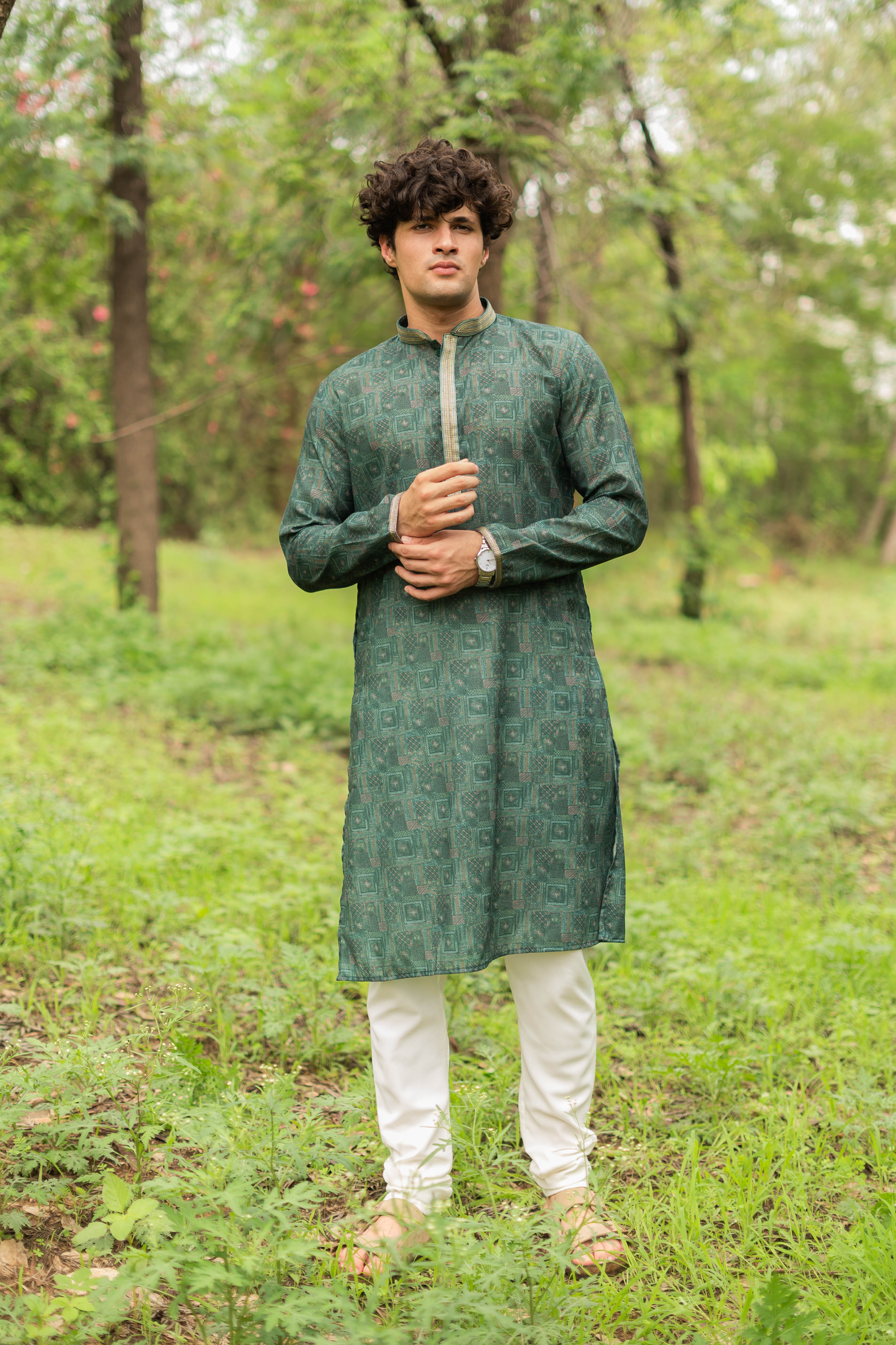 Printed Green Men's Kurta