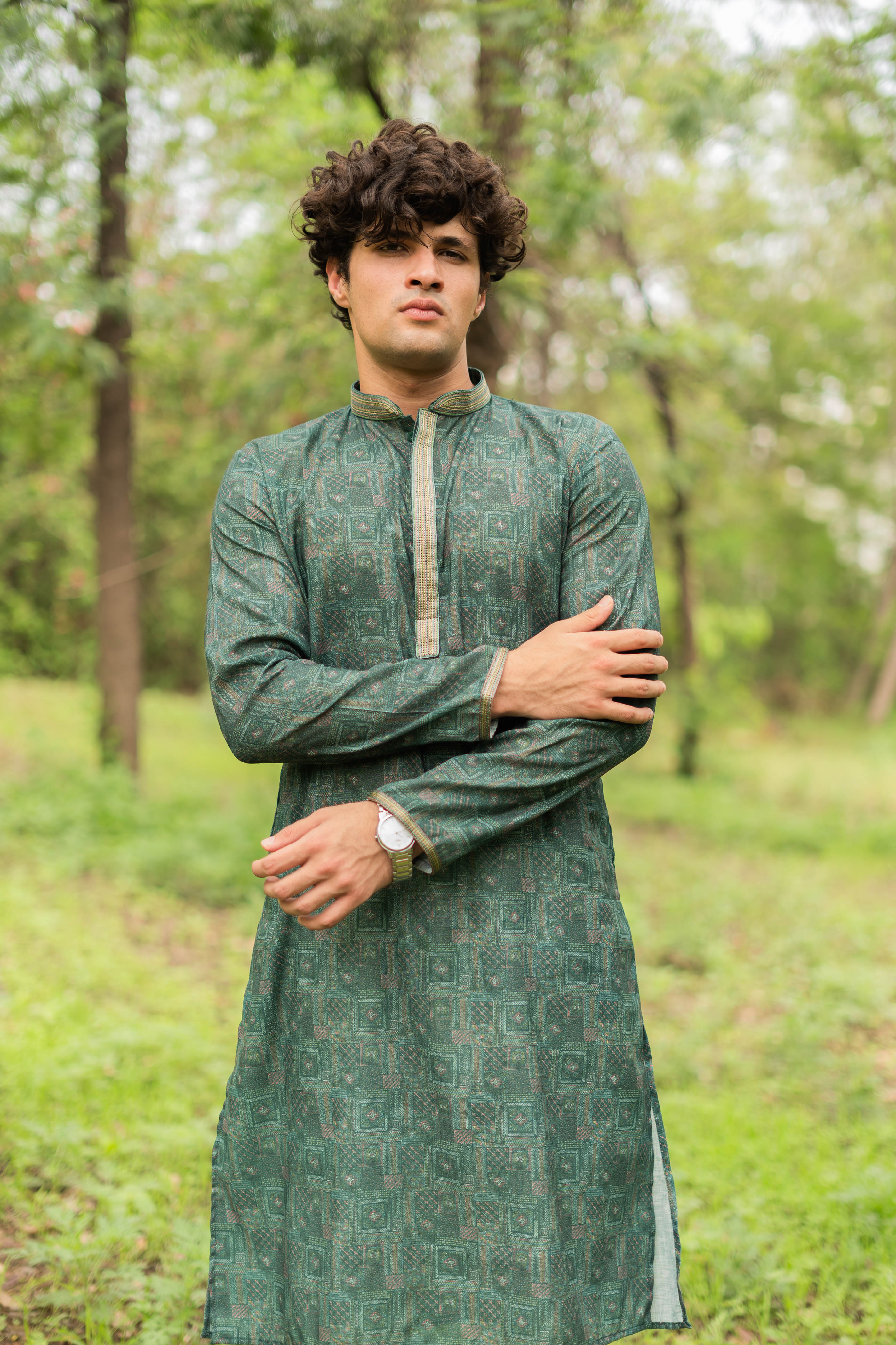 Printed Green Men's Kurta