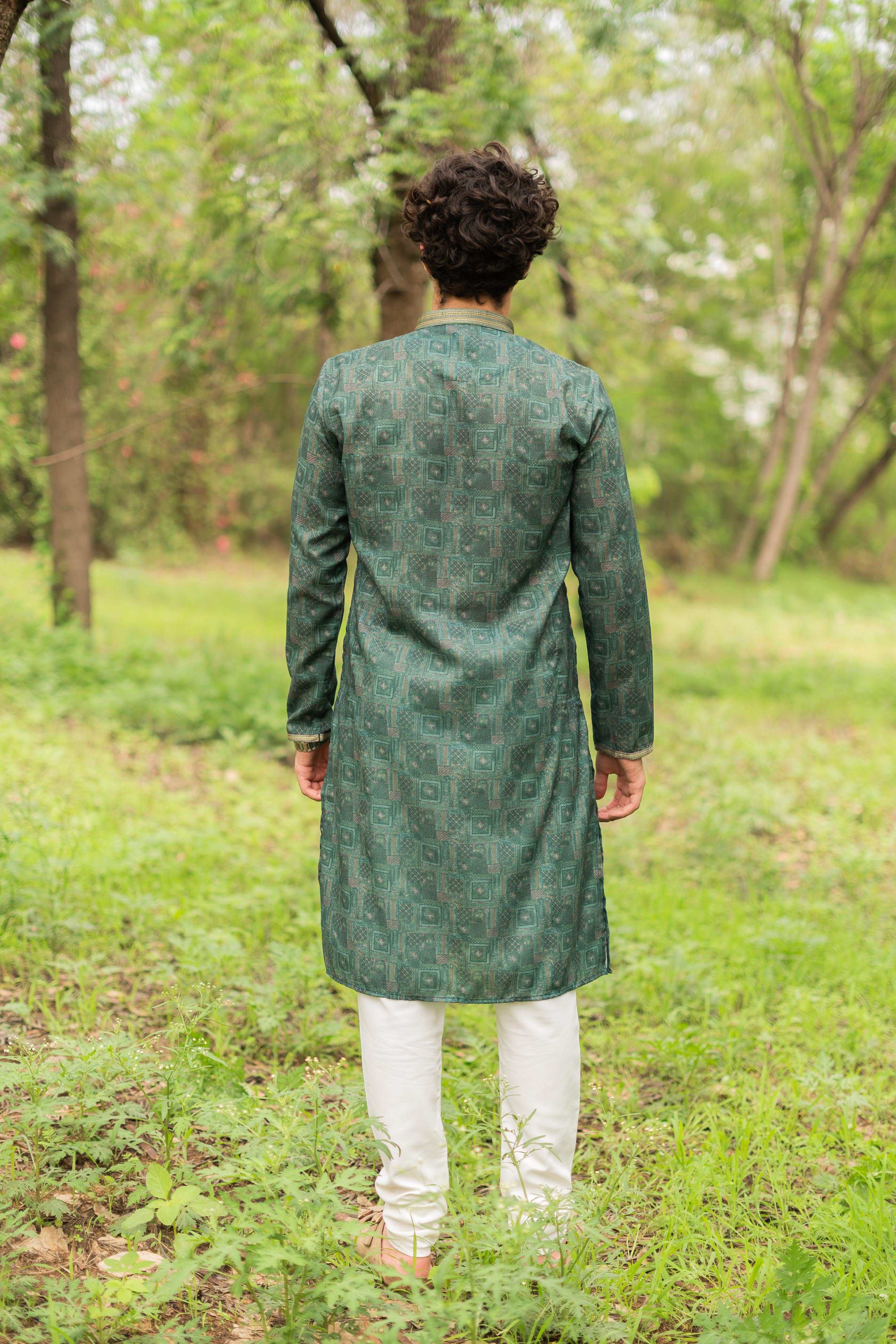 Printed Green Men's Kurta