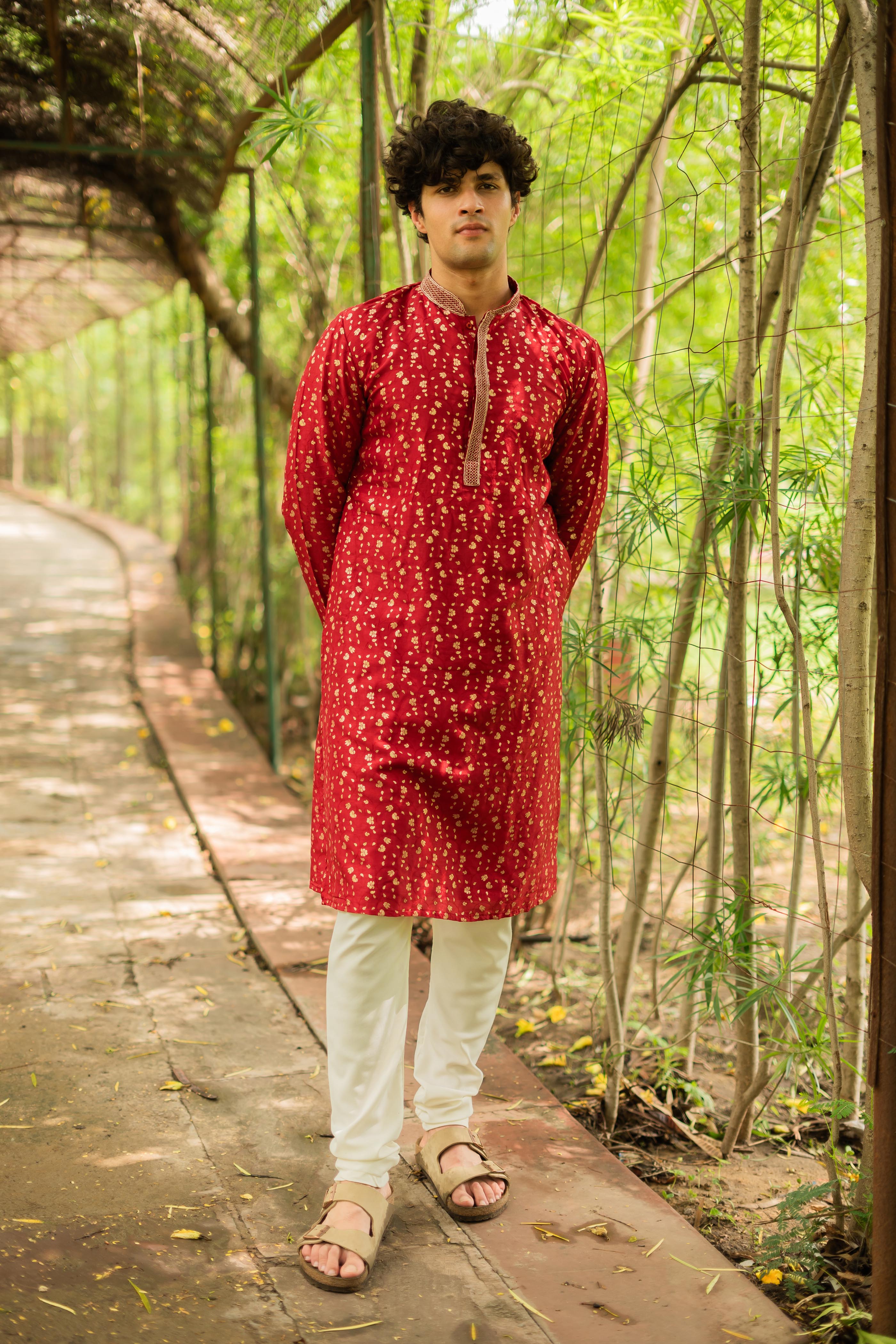 Zari Jacquard Red Men's Kurta