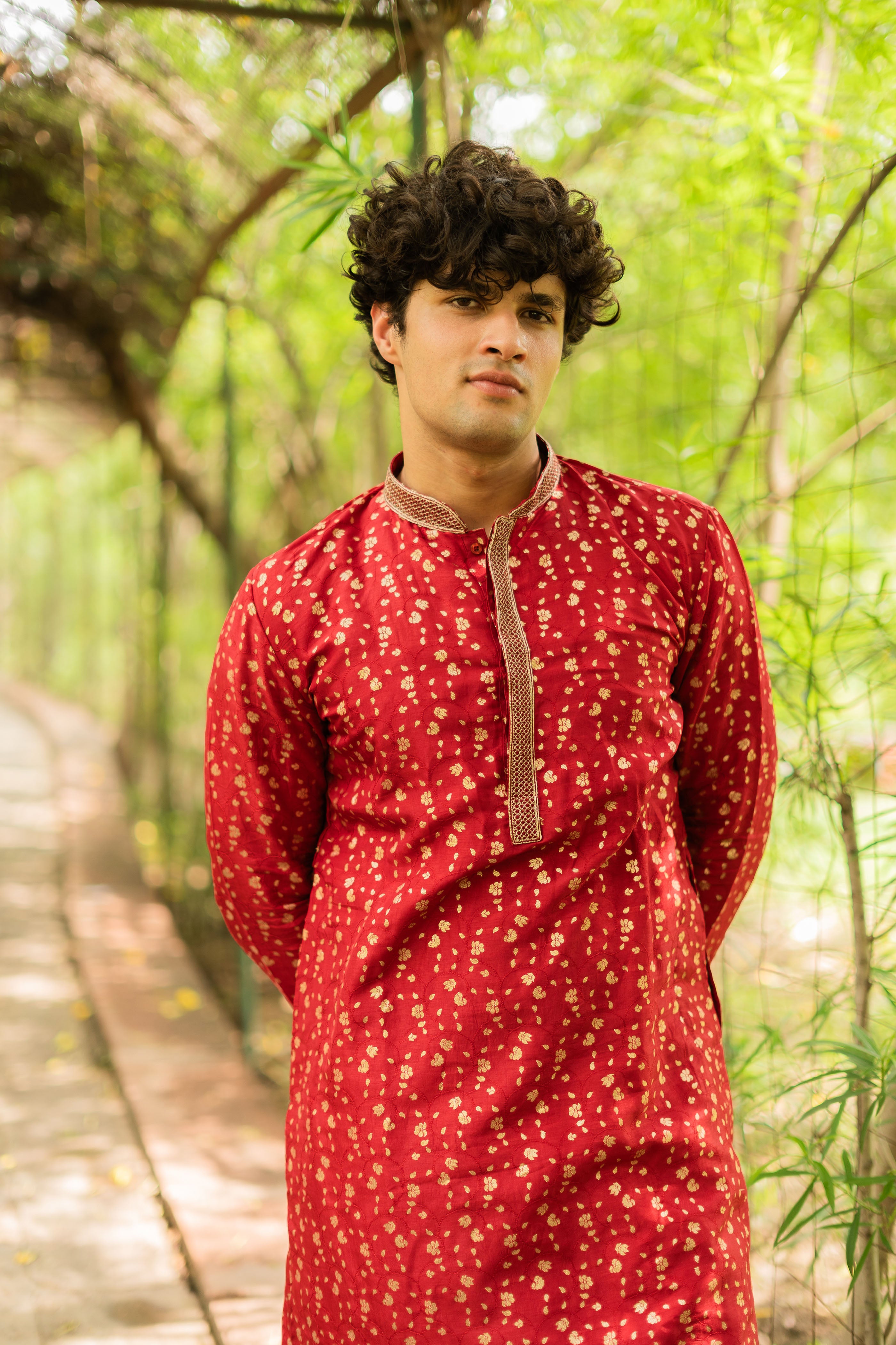 Zari Jacquard Red Men's Kurta