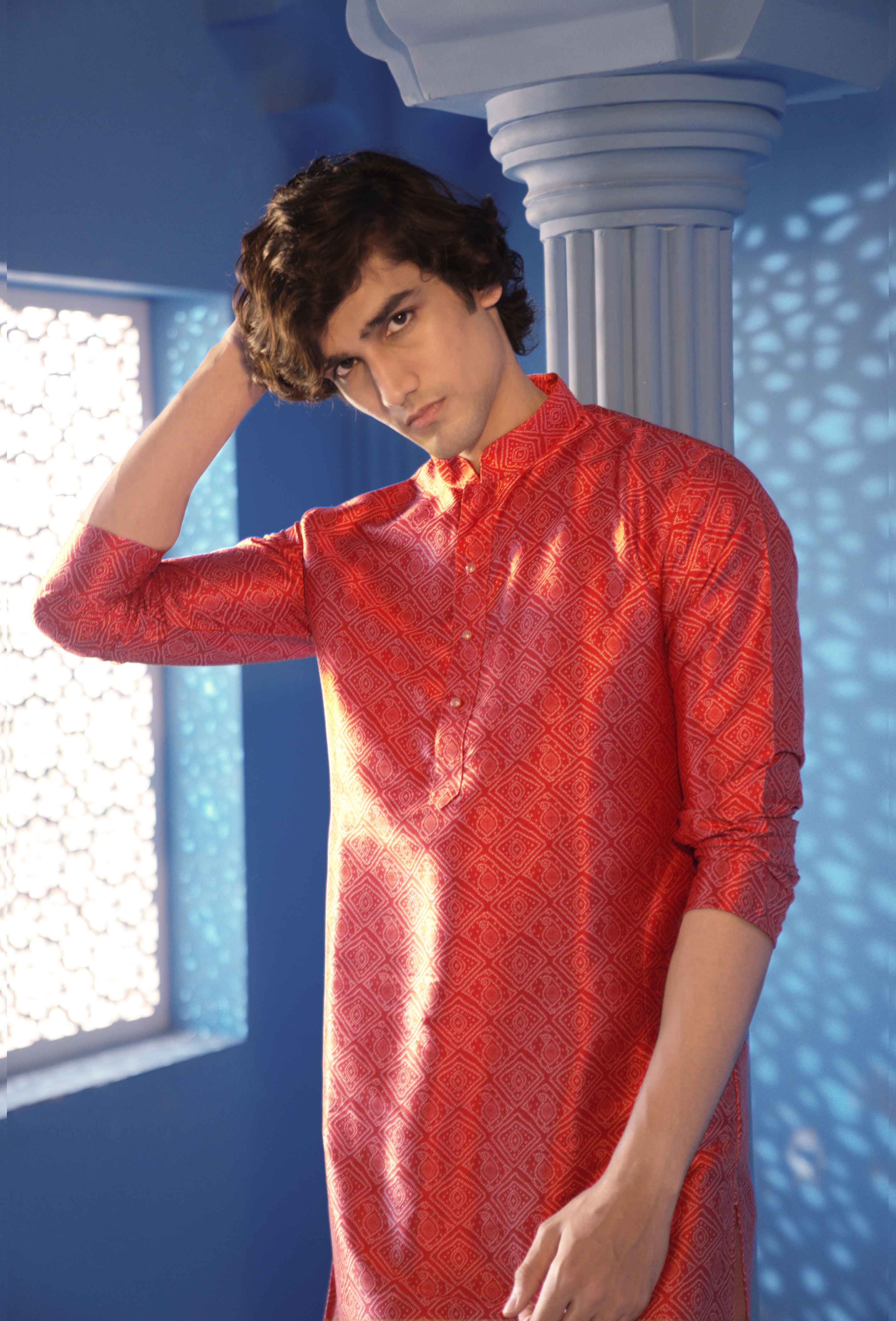 Red Bandhani Printed Men's Kurta