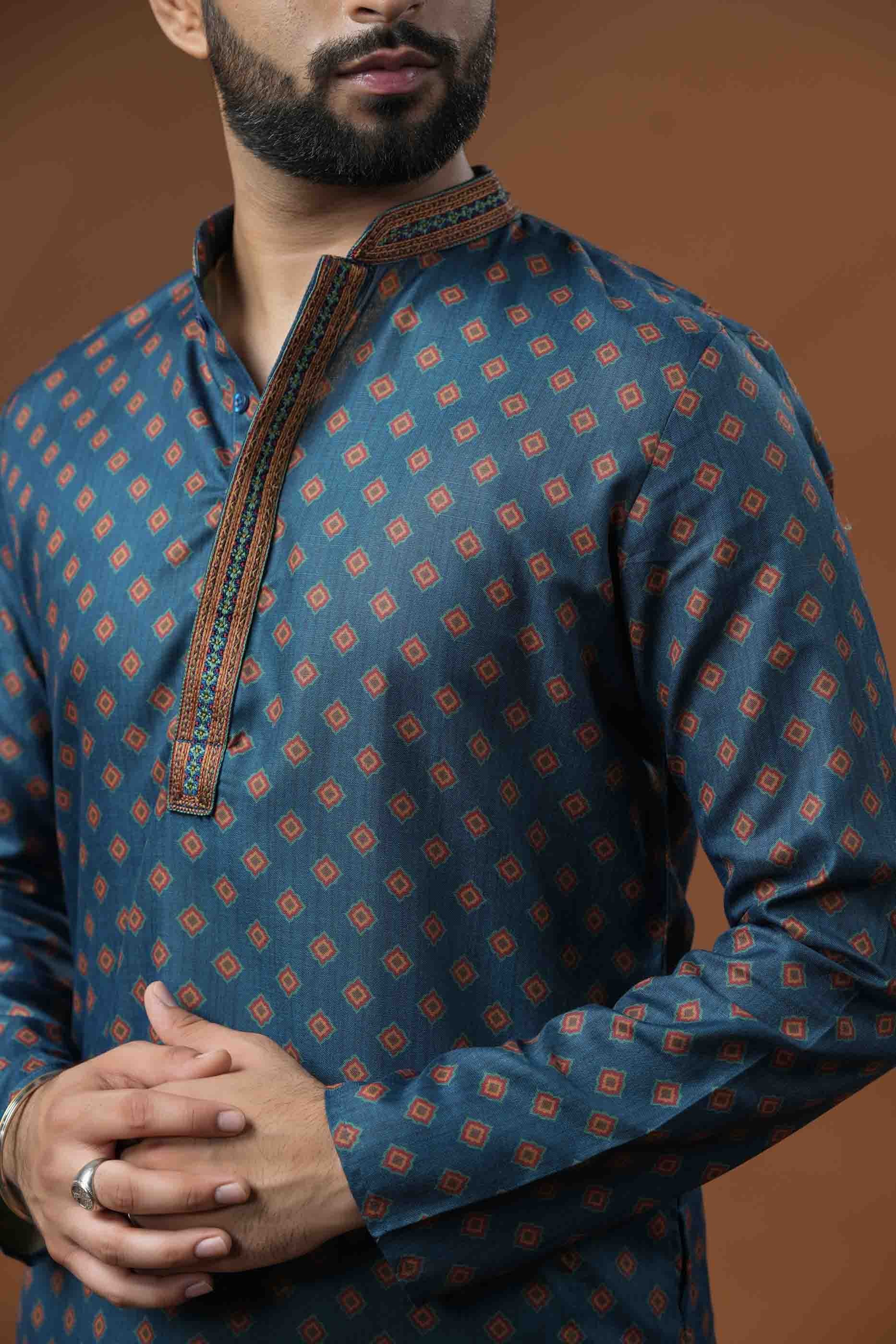 Navy Blue Motif Print Kurta