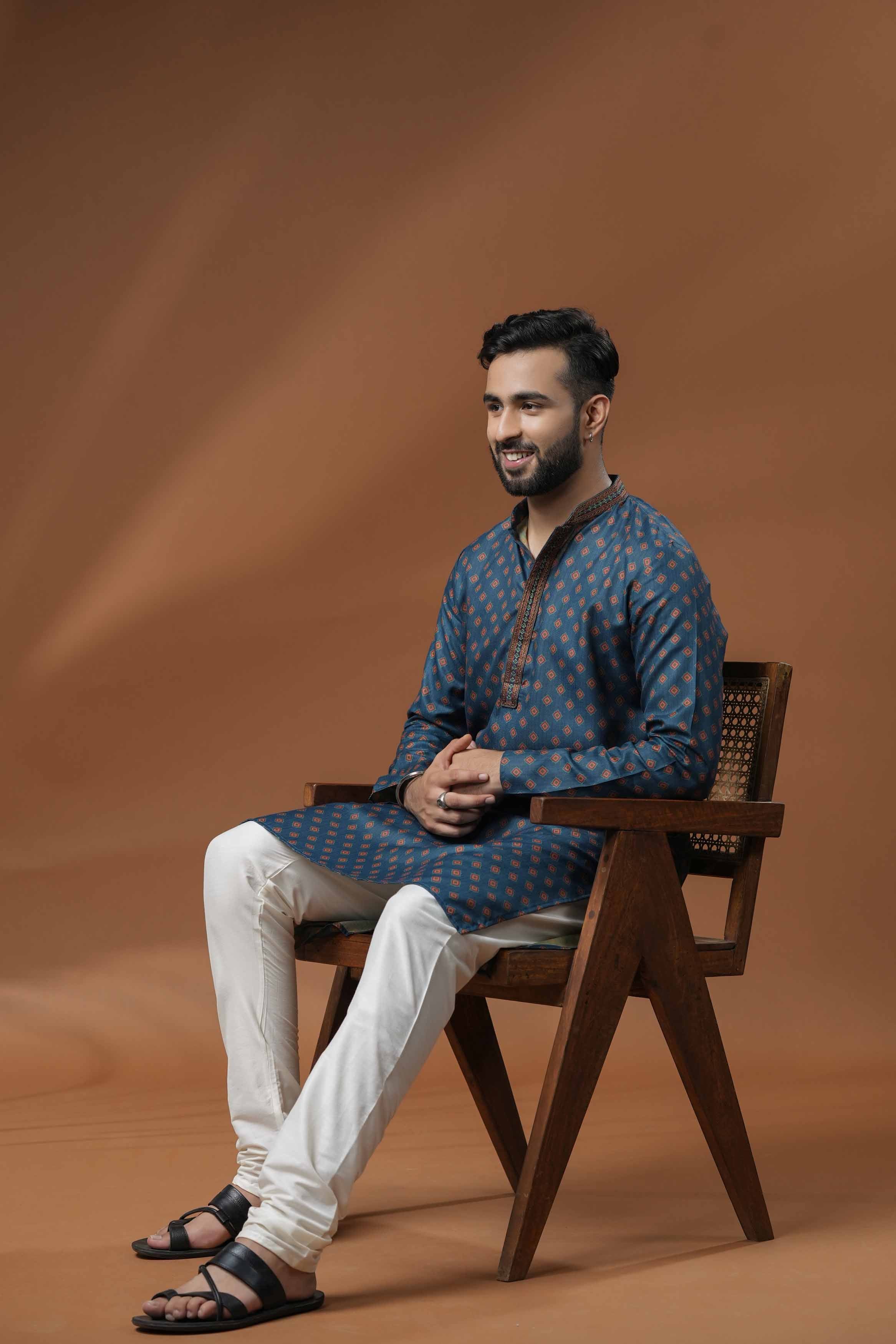 Navy Blue Motif Print Kurta