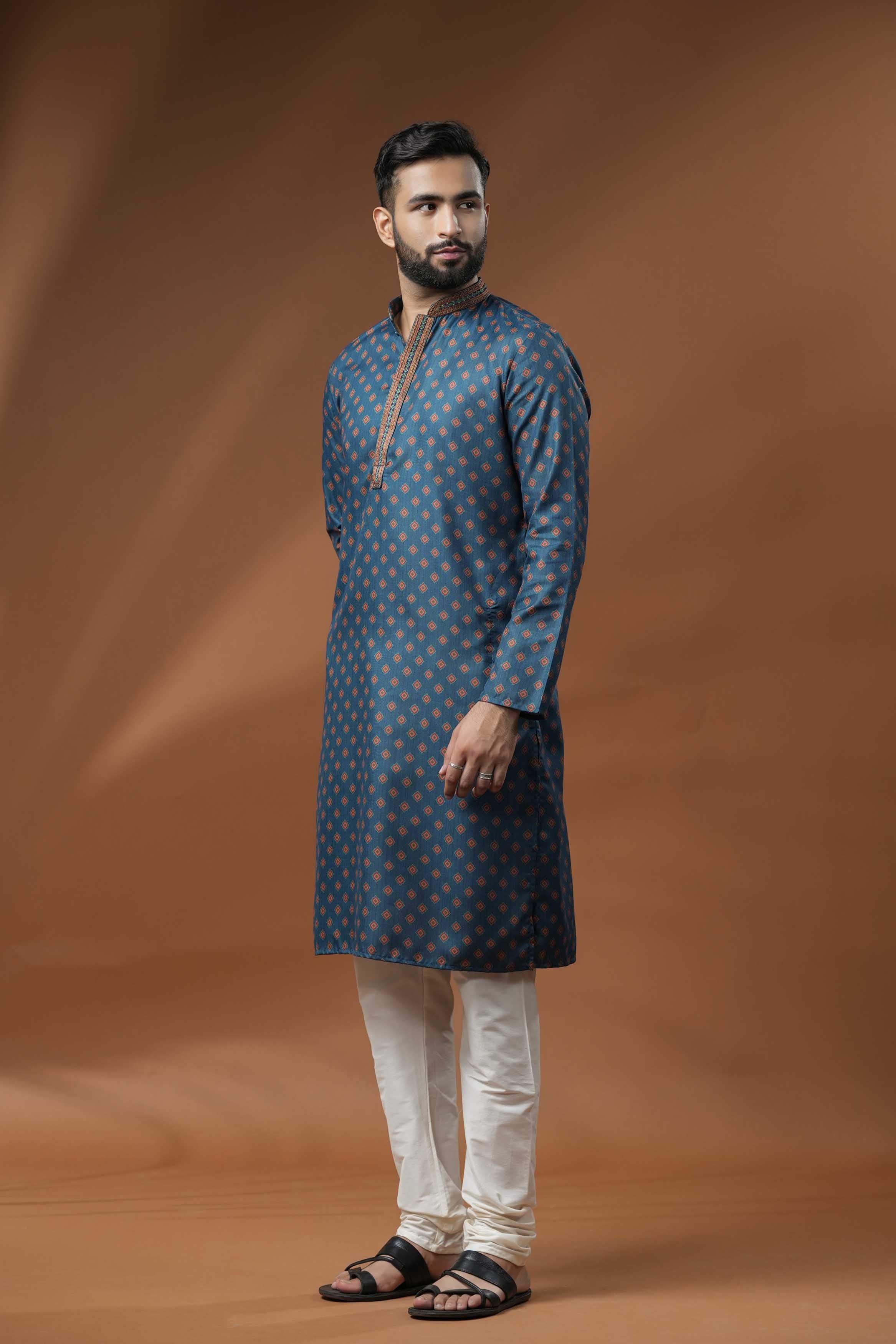 Navy Blue Motif Print Kurta
