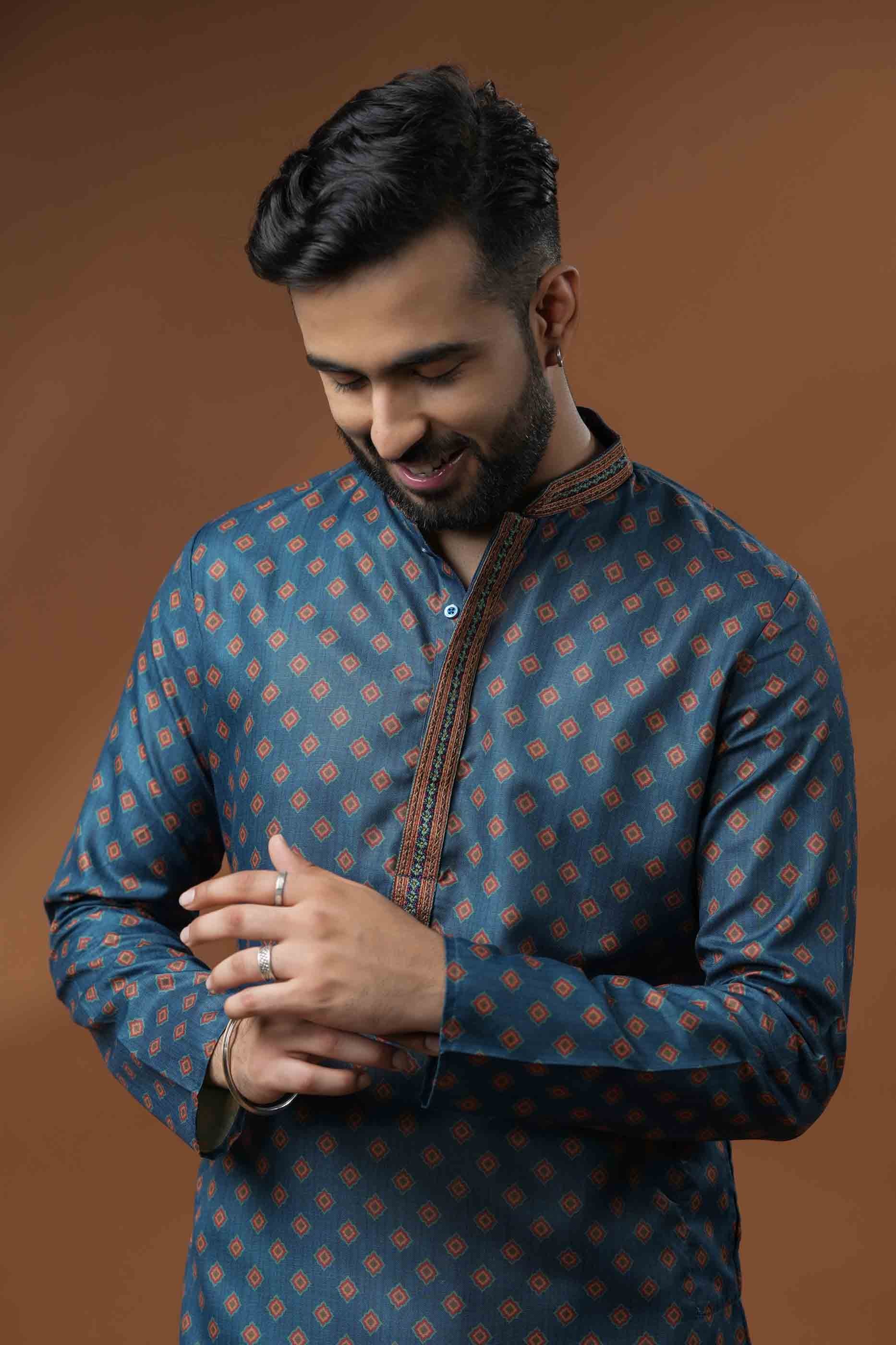 Navy Blue Motif Print Kurta