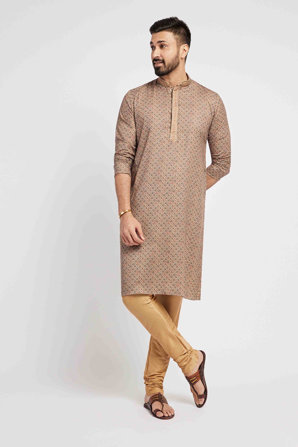 Ash Grey  Men's Ethnic Kurta with Multi-color Traditional Print