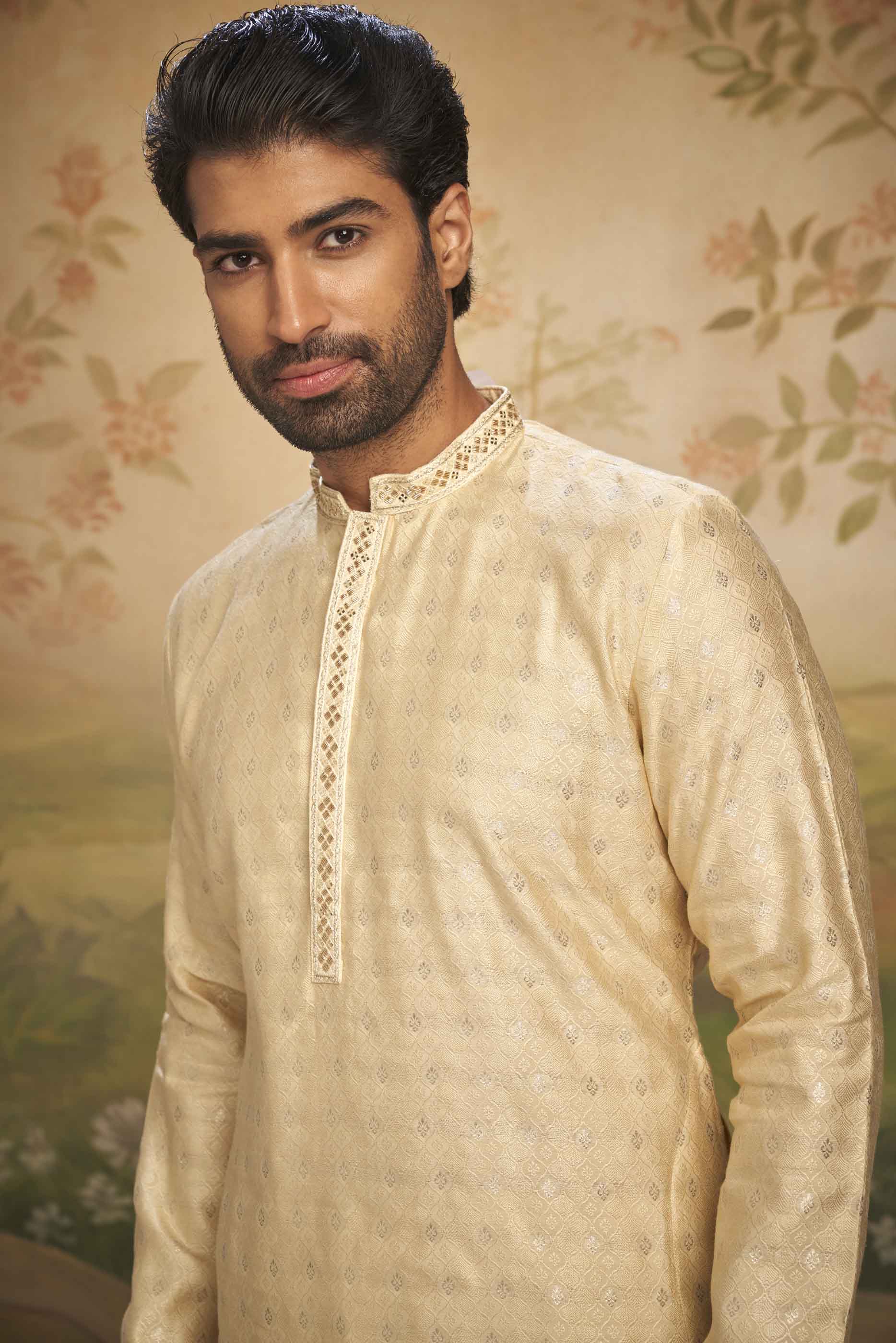 Cream Heavy Jacquard Handwork Kurta