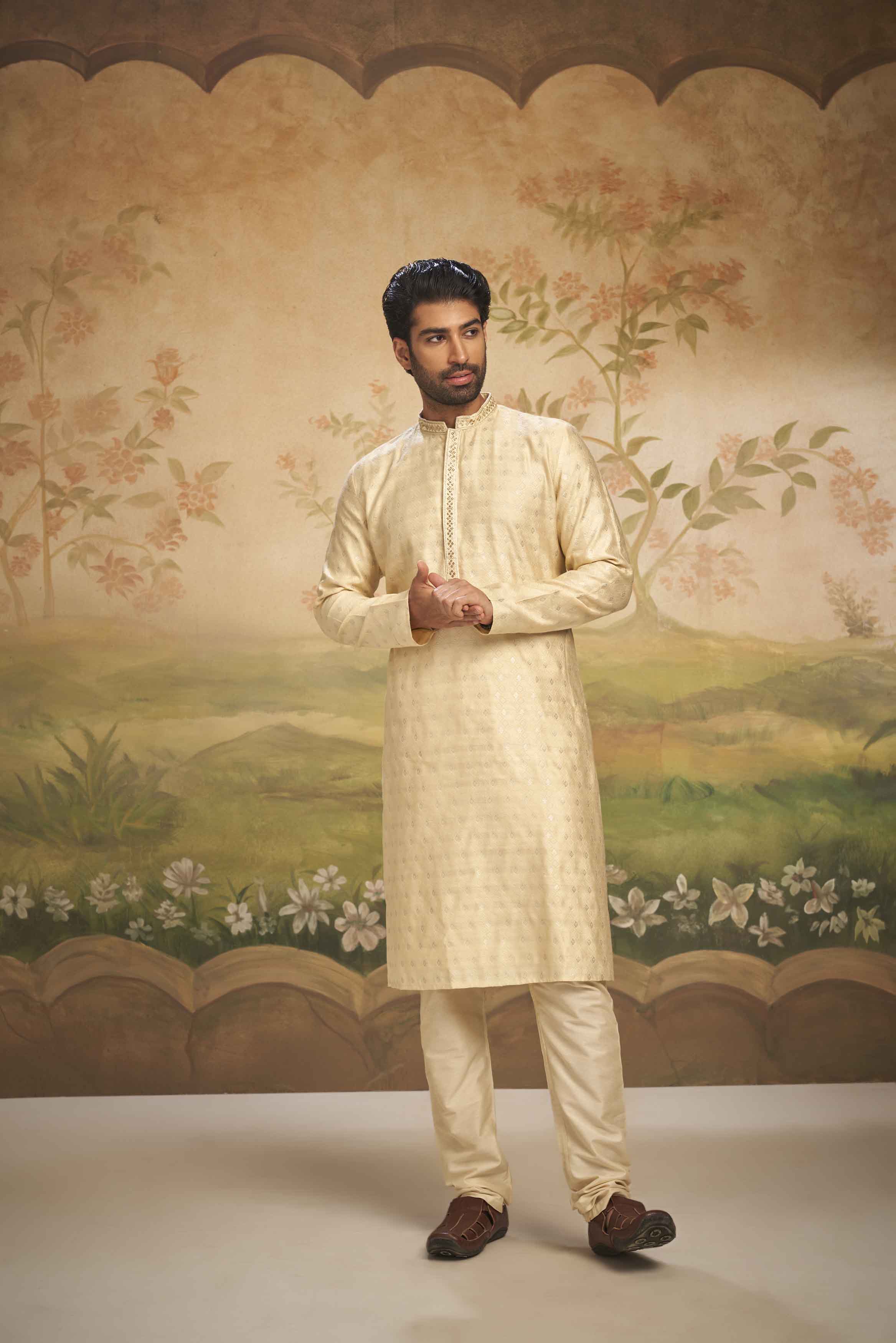 Cream Heavy Jacquard Handwork Kurta