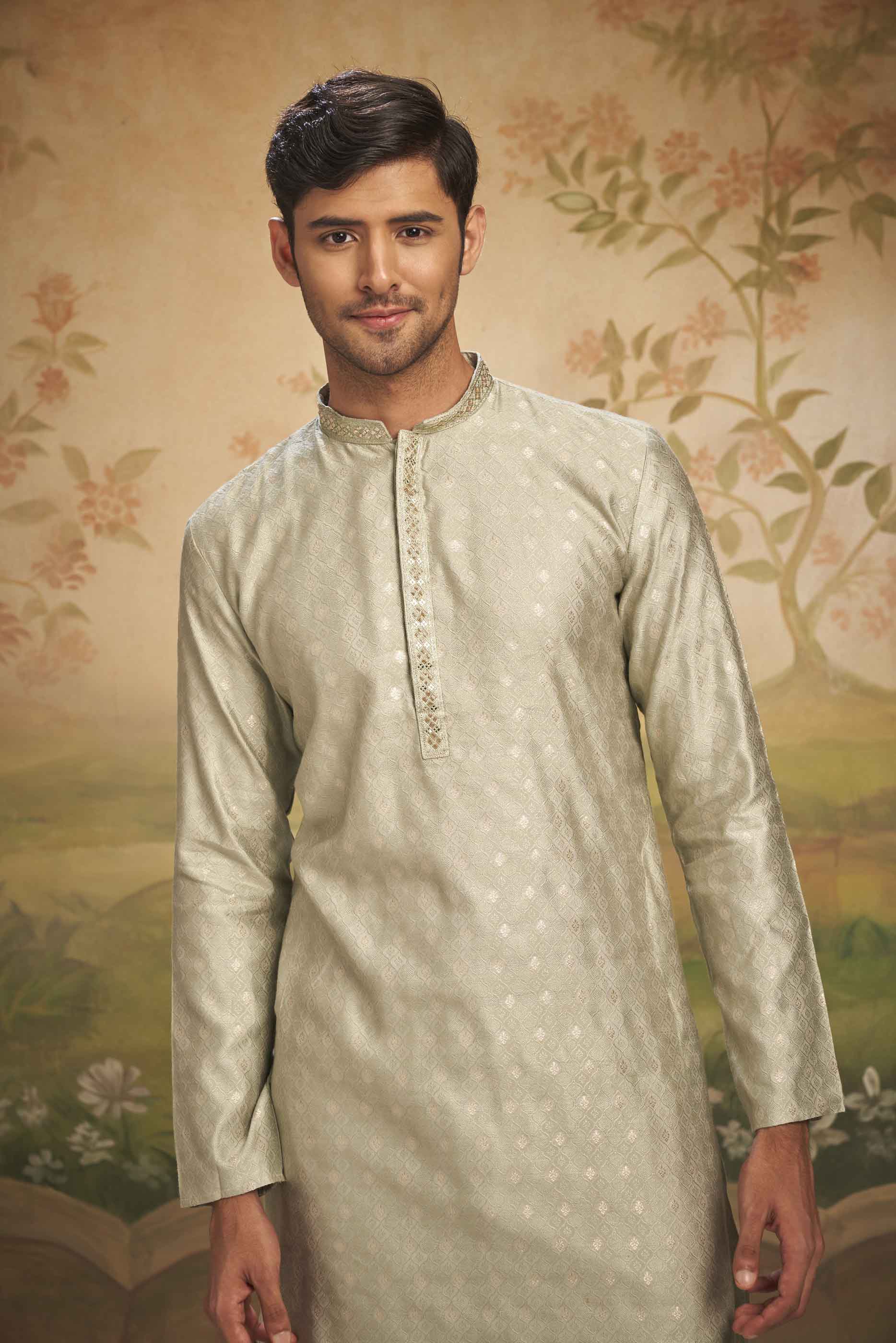 Green Heavy Jacquard Handwork Kurta