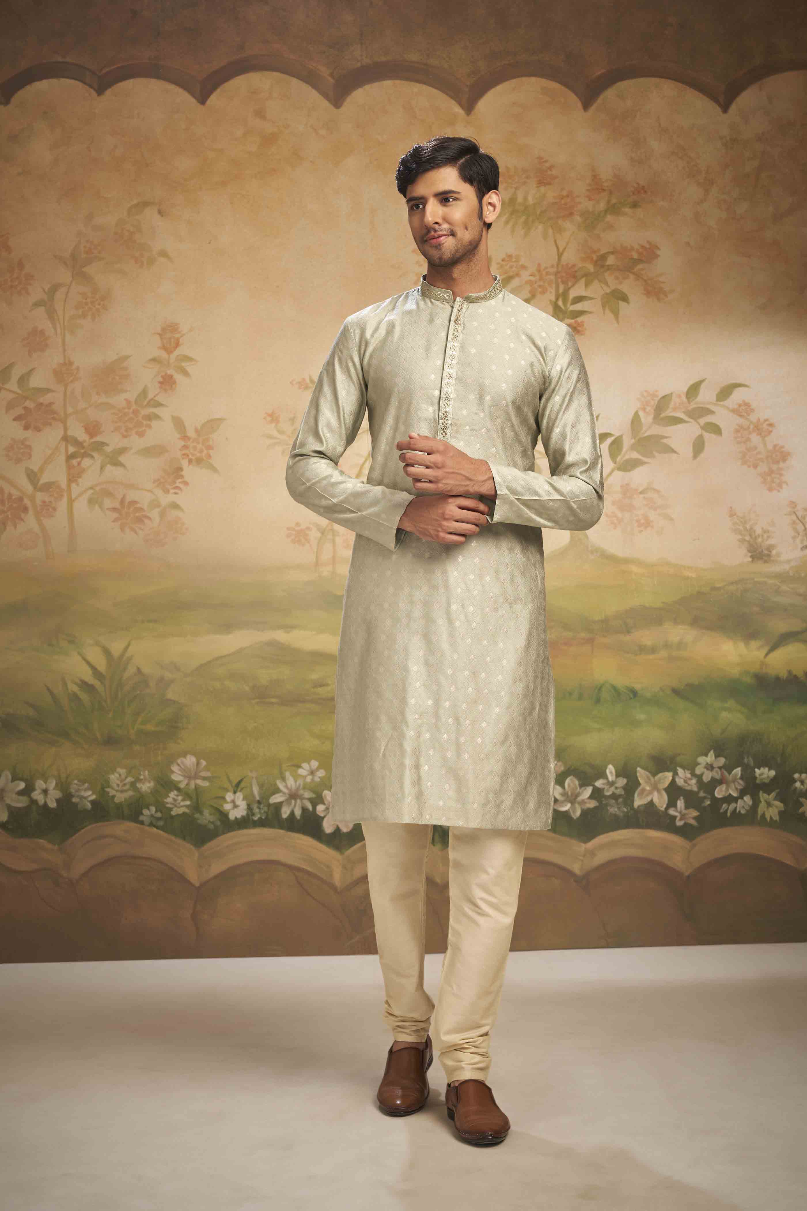 Green Heavy Jacquard Handwork Kurta