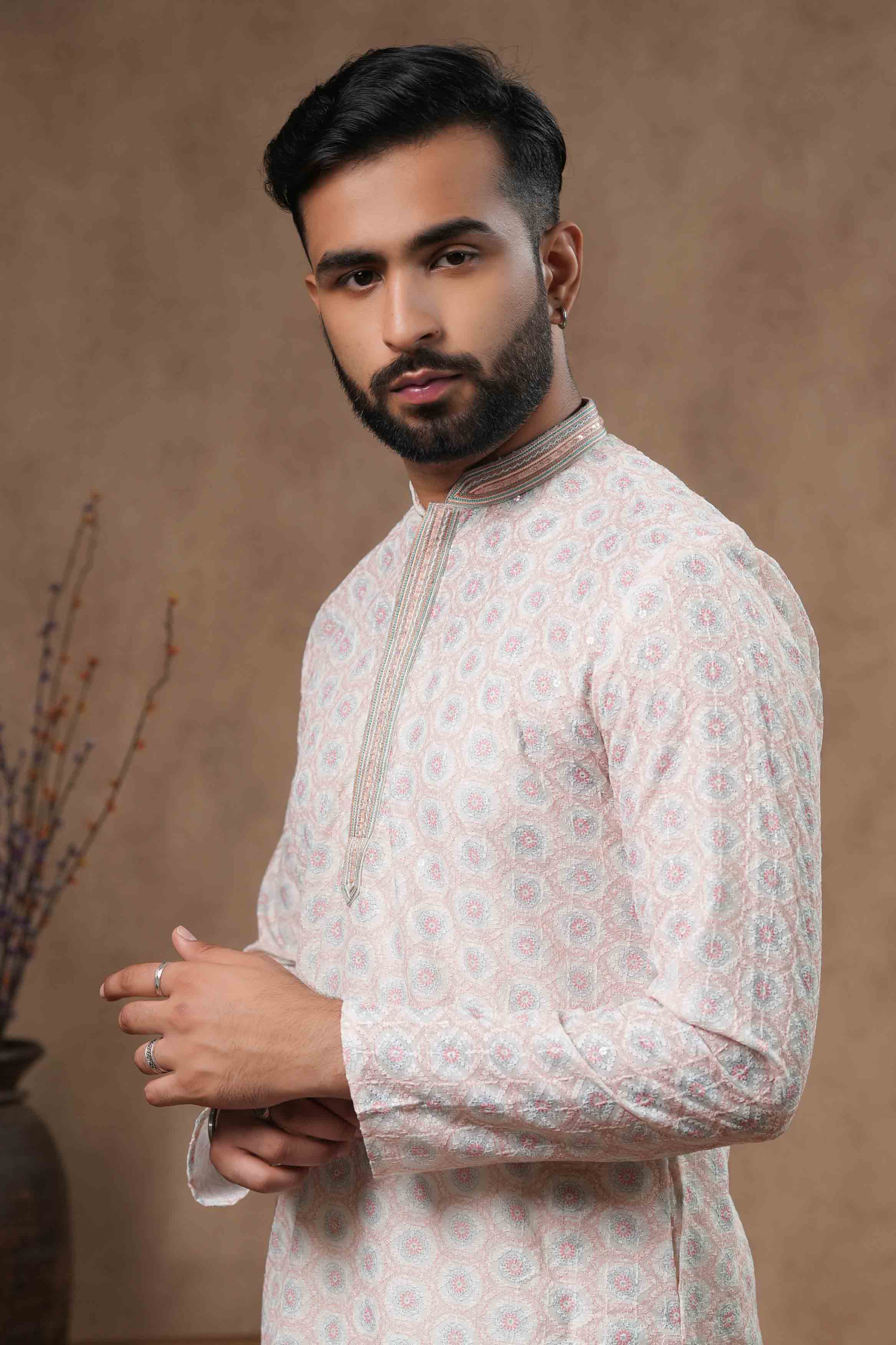 Cream Chikankari Printed Kurta