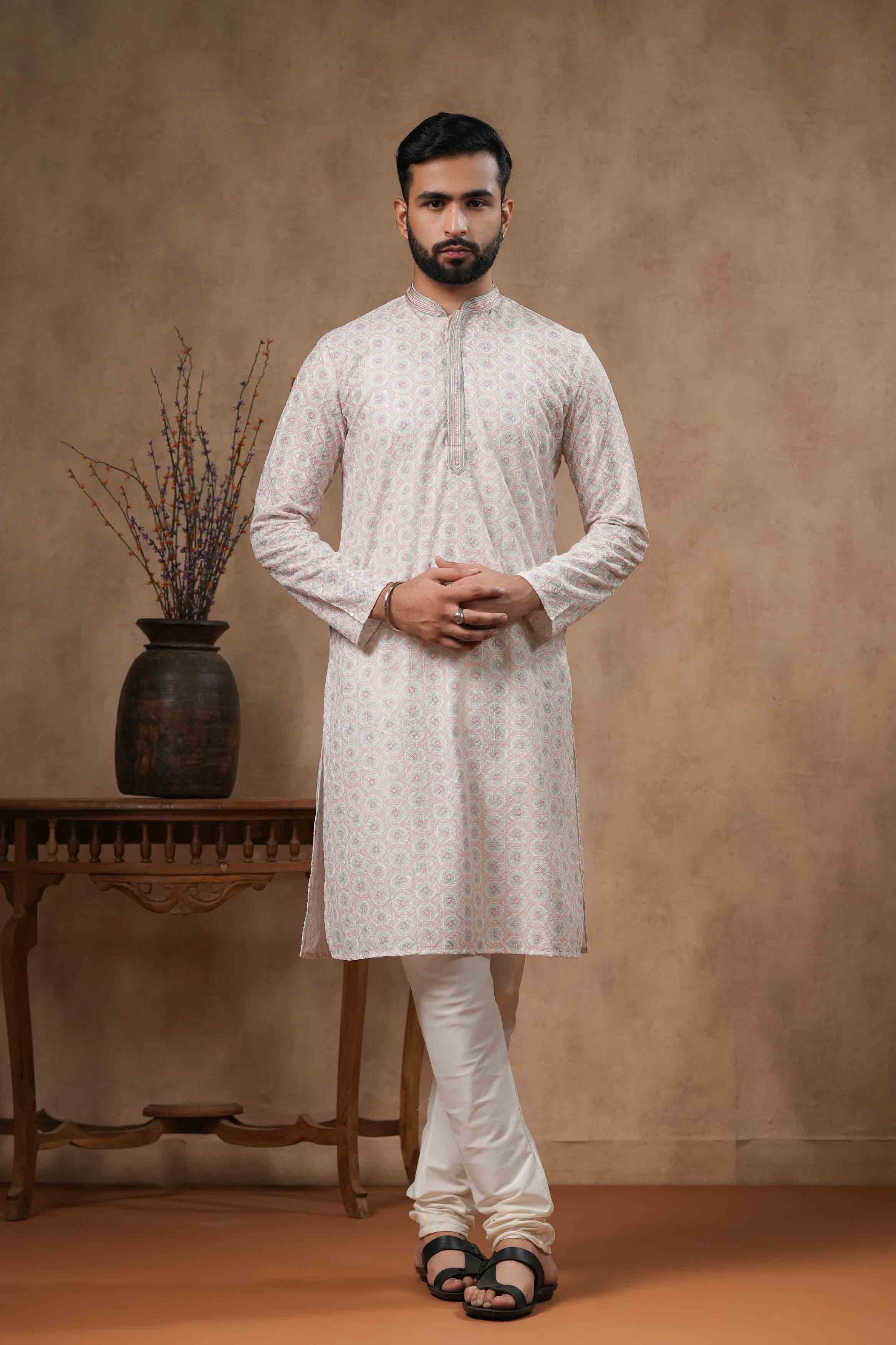 Cream Chikankari Printed Kurta