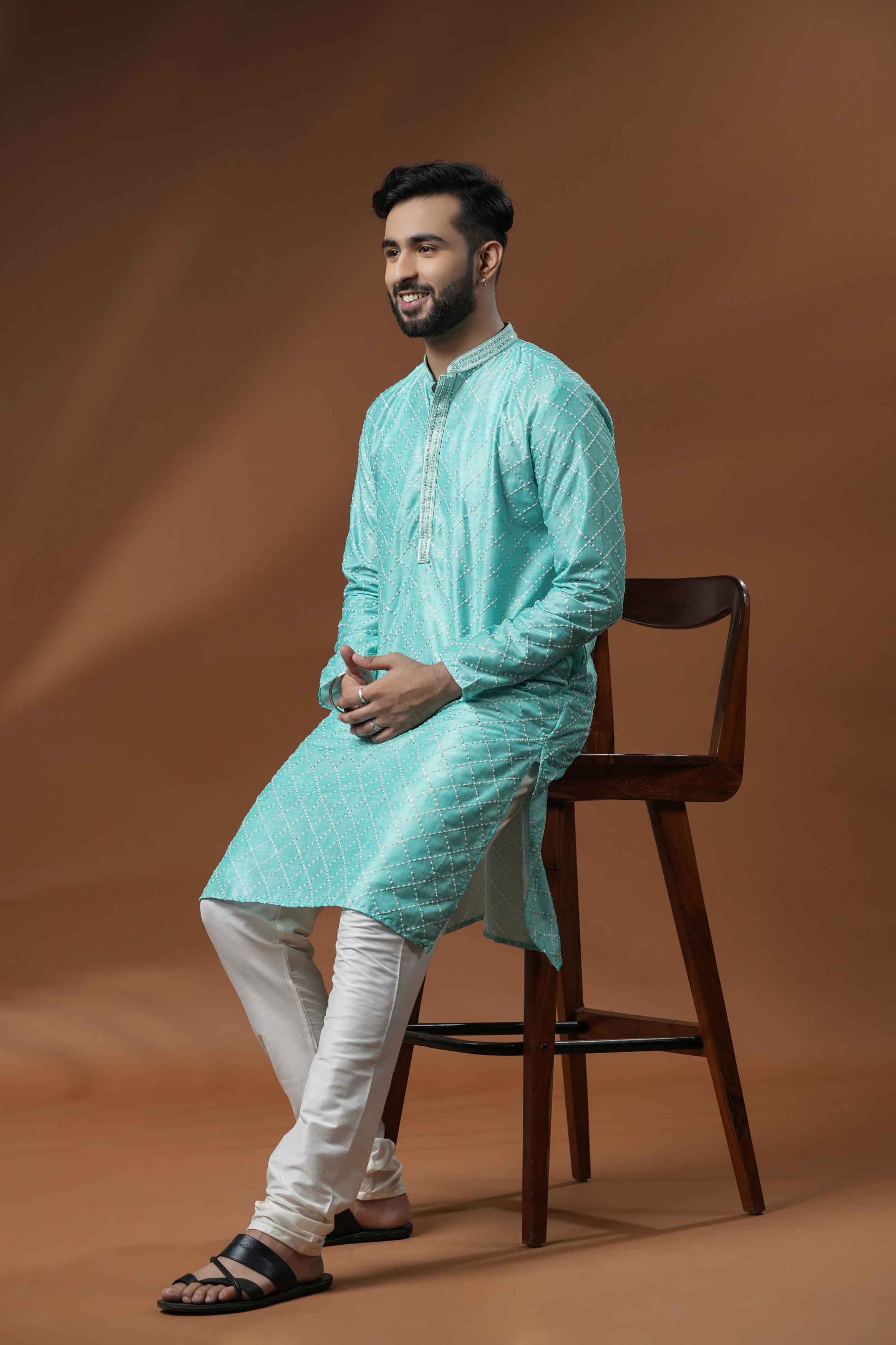 Blue Embroidered Kurta with Handwork