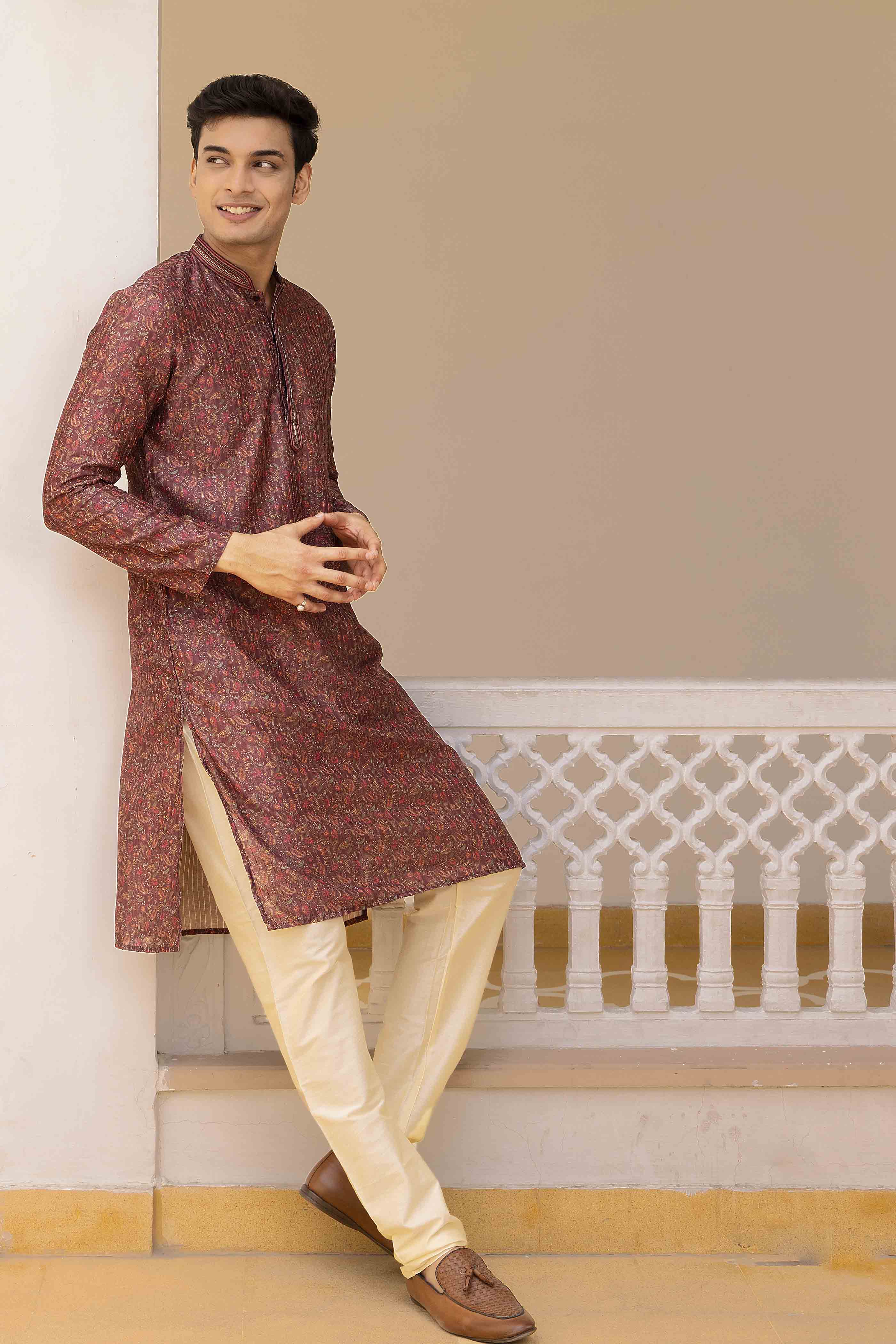Wine Printed Sequence Kurta
